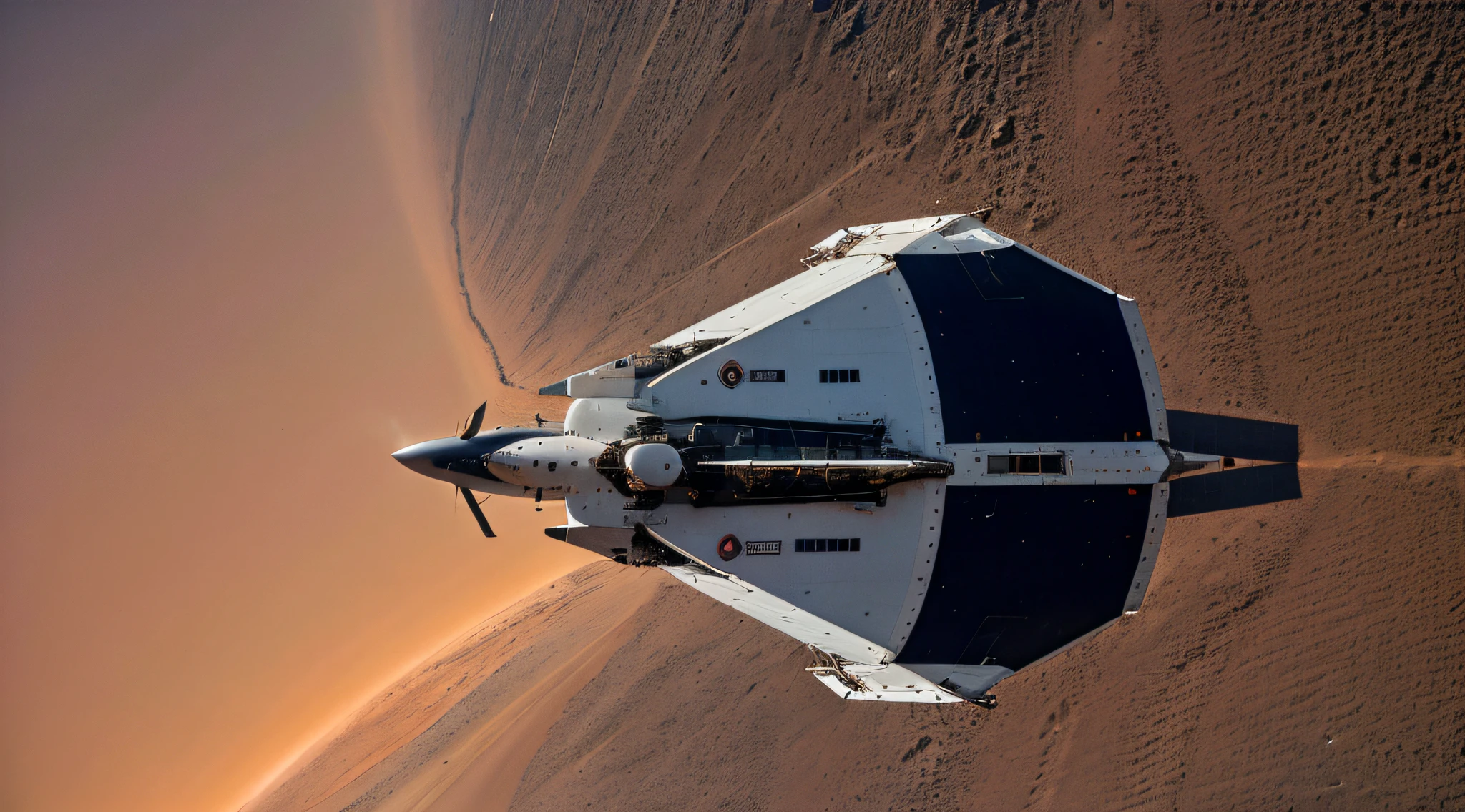 In the sky above Mars, the high-tech aircraft is docking with the space station. The metal texture is strong. The ultra-wide-angle lens makes the picture bright and realistic. The photography effect is