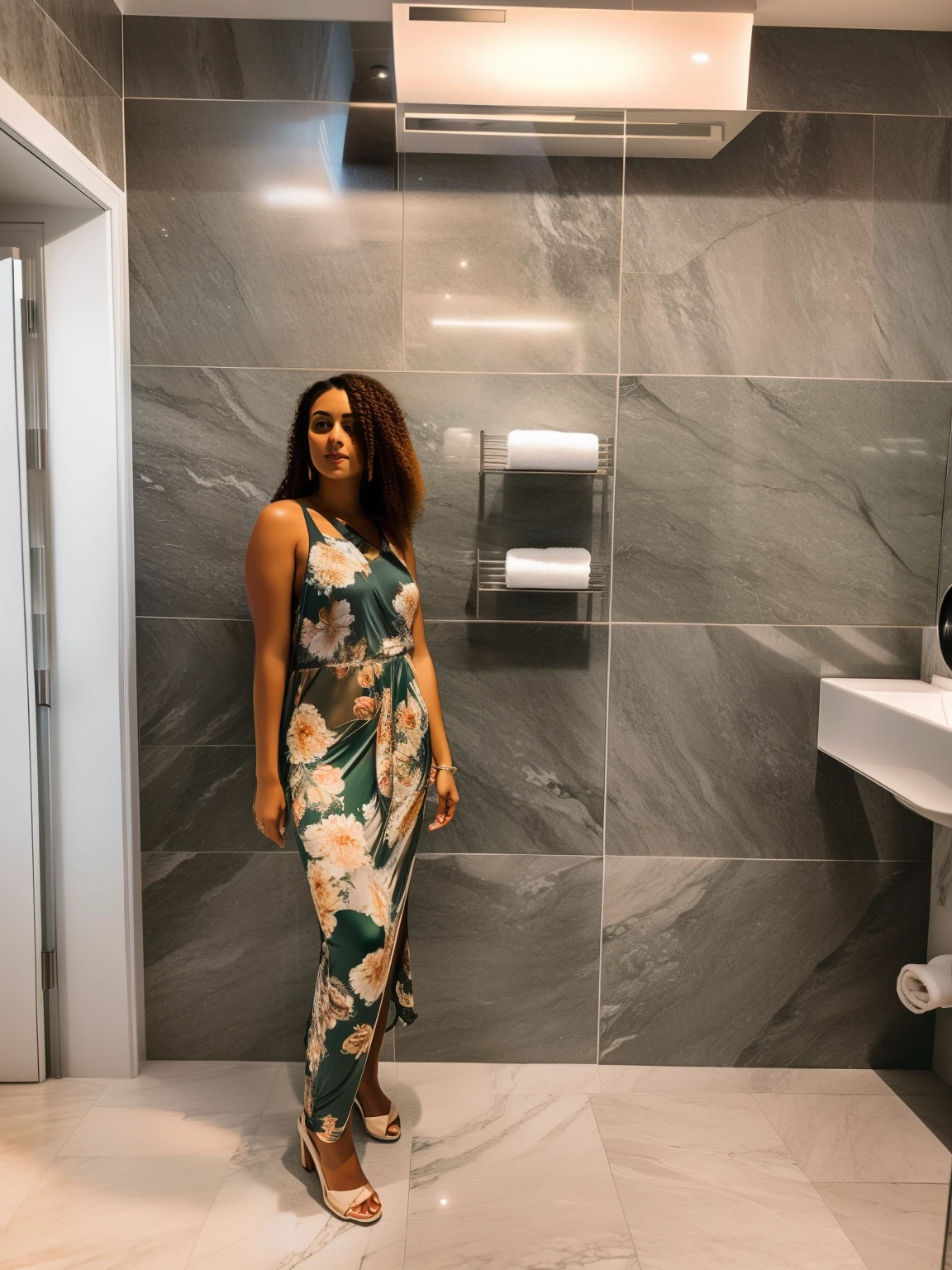 there is a woman standing in a bathroom with a bag, on a large marble wall, full body picture, standing in front of a mirror, in a bathroom, in bathroom, full body length shot, standing in a restaurant, wearing a long flowery dress, full body length, full body photogenic shot, 22 years woman