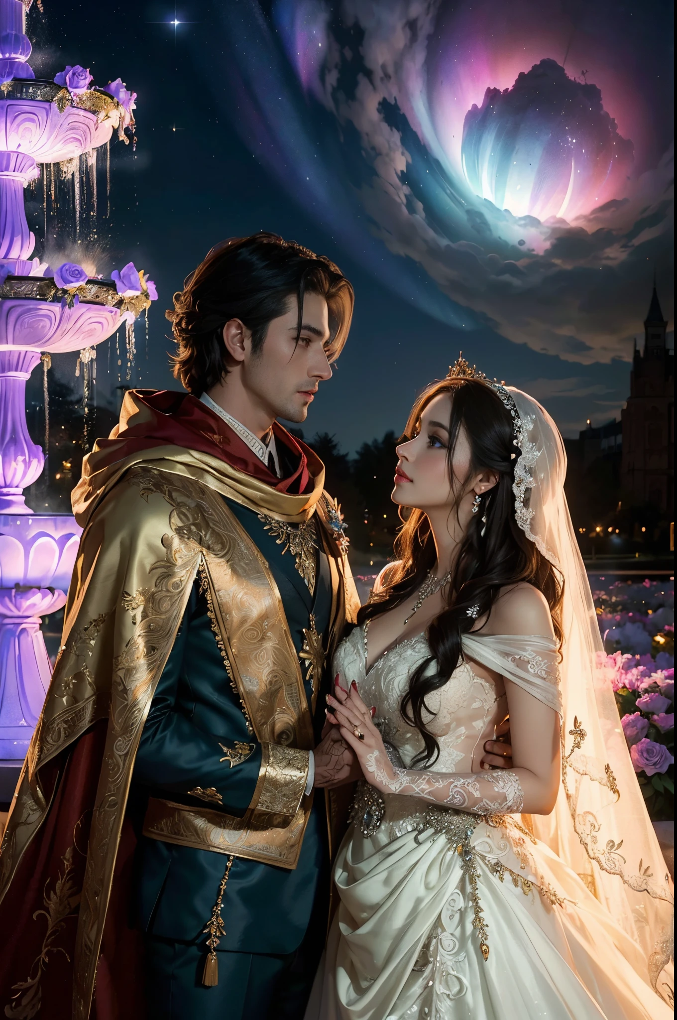 (generate a beautifull bride and a handsome groom, pre wedding photoshoot, luxury fountain background, detail luxury wedding gown. flower decoration, (luxury cloak), beautifull night sky with aurora, comet on the sky, beautifull scene, beautifull face, pretty face, beautifull eyes, beautifull nose, raytracing, beautifull fingers, beautifull hands, (4 fingers in 1 hand), full body photoshoot, pretty makeup, perfect anatomy, good lighting, professional photoshoot, sharp eye, fresh lips