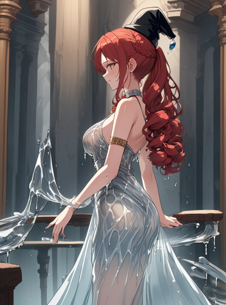 Beautiful woman dressed (Transparent dripping ripple water skirt) In Midgar,8K, tmasterpiece, The is very detailed, Alone,
(forearm shot, From the side Side),
waving hands,
skeptical,
curly updo,
redheadwear,