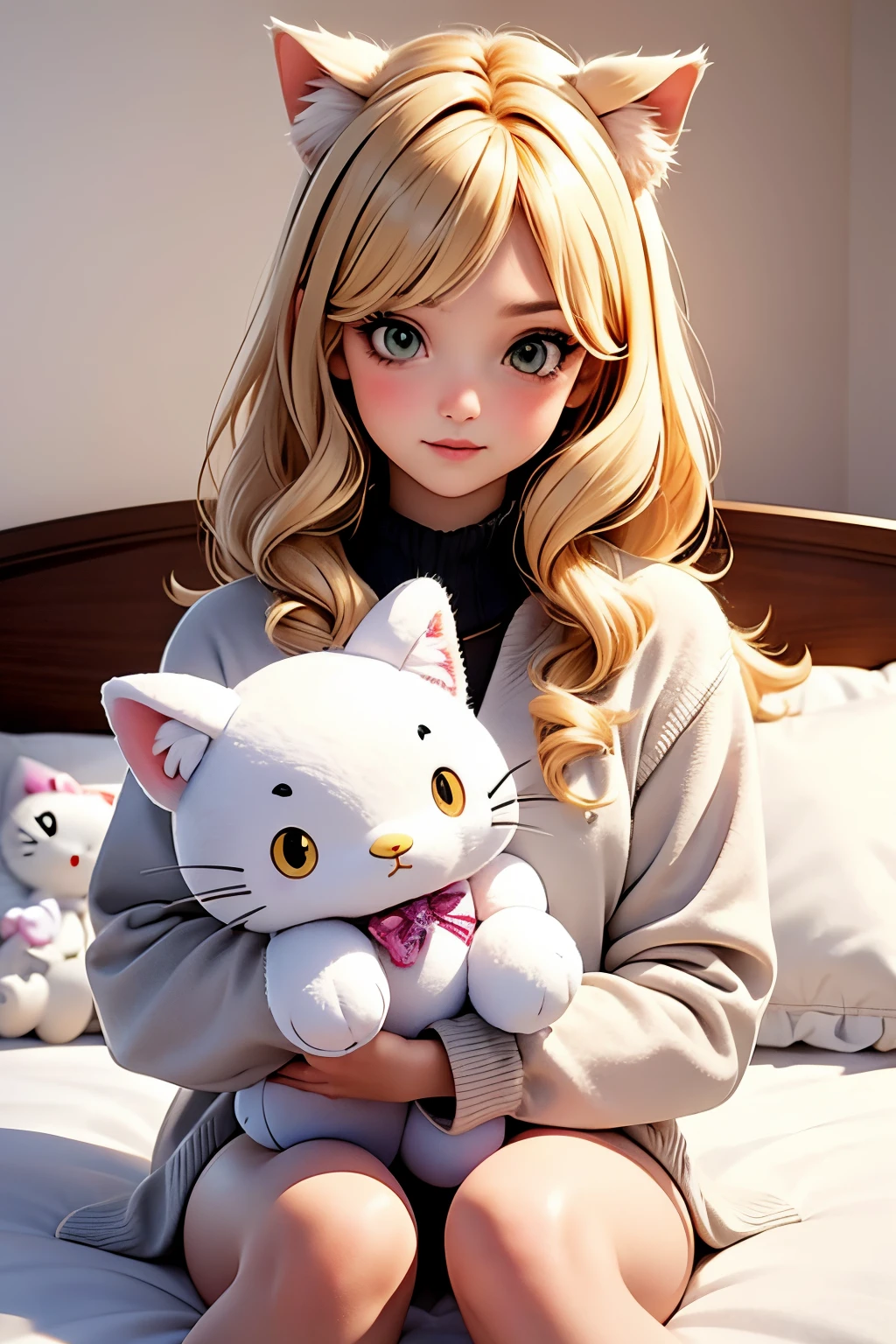 blond haired girl with a hello kitty stuffed animal on a bed, avril lavigne, hello kitty, very beautiful cute catgirl, ellen von unwerth, attractive cat girl, hello, !!!! cat!!!!, yami kawaii, white cat girl, white ( cat ) girl, devon cady-lee, hana alisa omer, elokitty