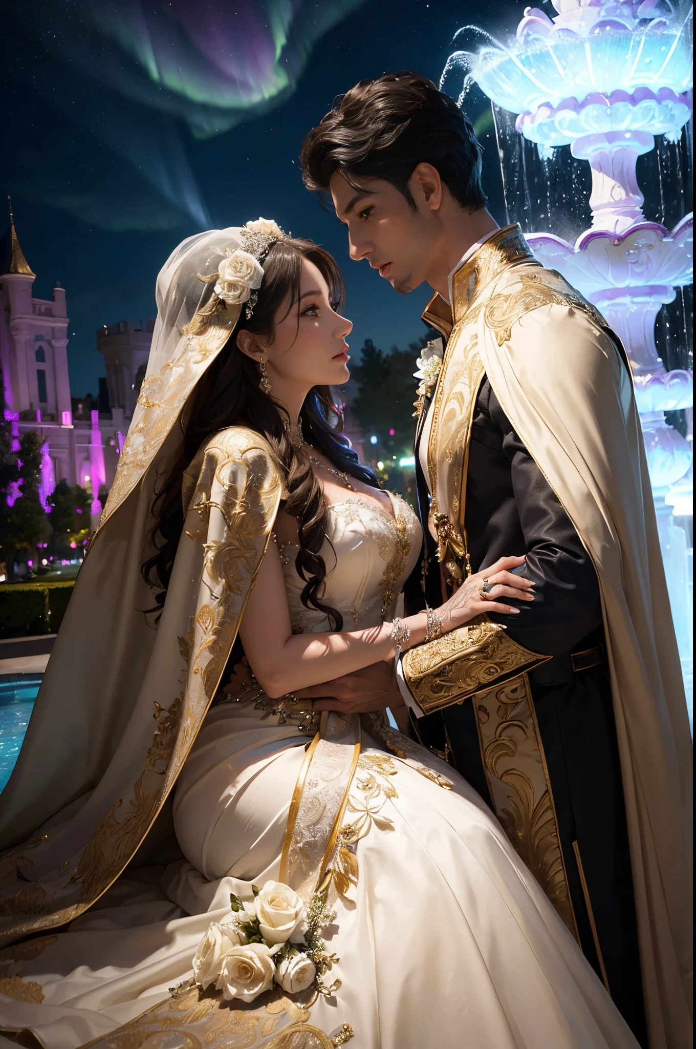 (generate a beautifull bride and a handsome groom, pre wedding photoshoot, luxury fountain background, detail luxury wedding gown. flower decoration, (luxury cloak), beautifull night sky with aurora, comet on the sky, beautifull scene, beautifull face, pretty face, beautifull eyes, beautifull nose, raytracing, beautifull fingers, beautifull hands, (4 fingers in 1 hand), full body photoshoot, pretty makeup, perfect anatomy, good lighting, professional photoshoot, sharp eye, fresh lips