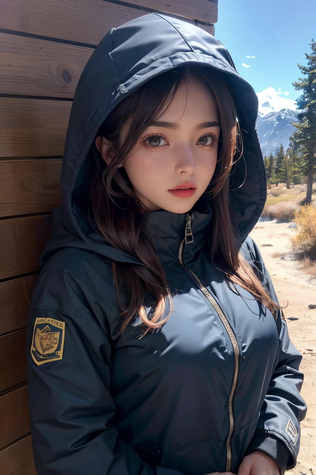 ropa de refugio, (big tits) blusa, ski jacket, piel guepardo, ropa con mucho pelo, abrio invierno, parka, tetas grandes, a 20 year old female, Pelo largo y rojo, con tetas grandes, tema oscuro, tonos relajantes, colores apagados, alto contraste, (textura natural de la piel, (hiperrealismo) refugio, parka, realista, alta calidad foto.