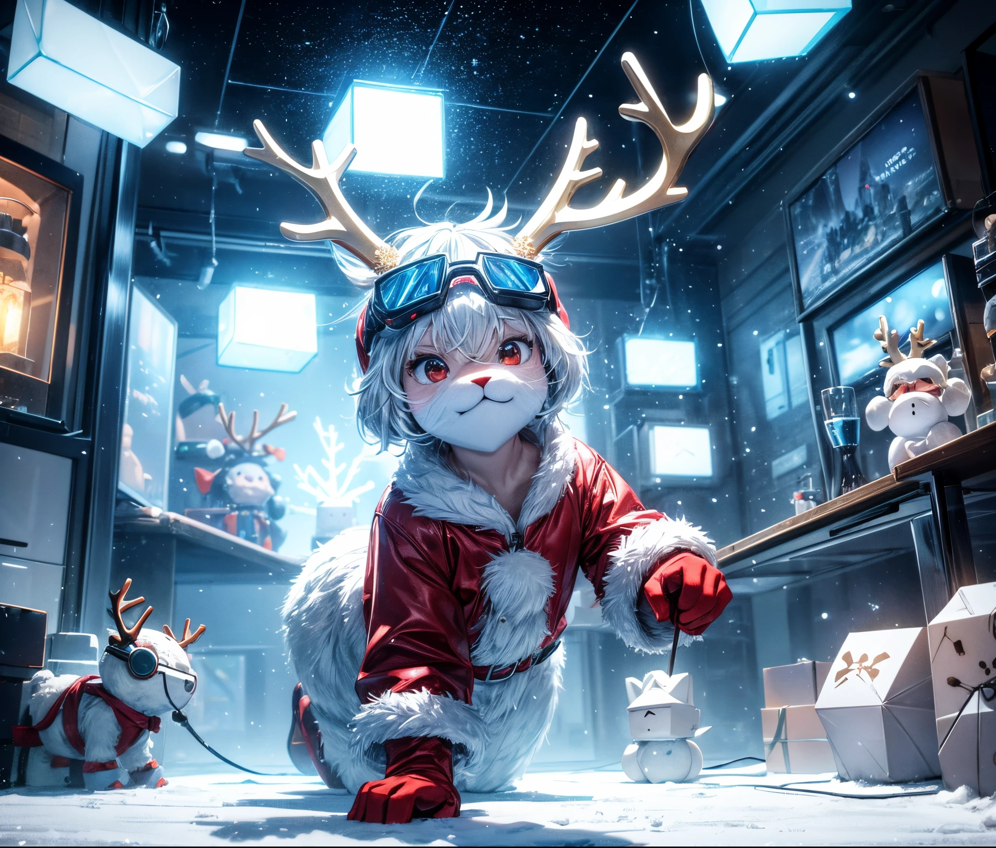 Reindeer, (blind box toy style:1.2), nuttcraker toy, (Full Body Shot) ,  1 Transparent Santa claus, Behind him is a snowman and reindeer, snowflakes, Transparent mecha, Exquisite Helmet:1.2, glowing goggles:1.2, Cyberpunk, Dreamy Glow, Luminous neon lamp, clean, white background, ( Global illumination, raytracing, HDR, unreal render,reasonable design, high detailed, masterpiece, best quality, UHD, Cinematic Lighting)