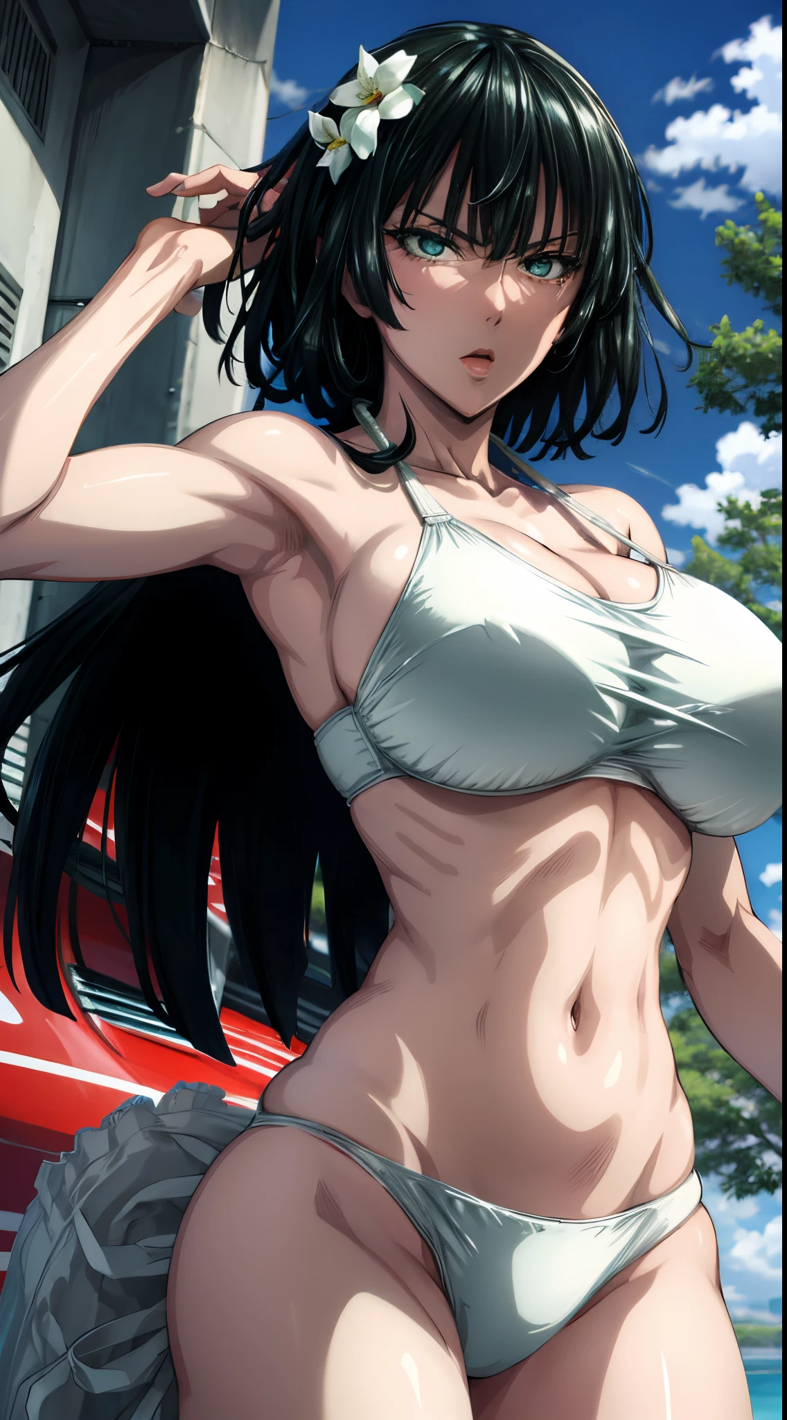 Fubuki in white bikini, bikini azul con flores, bikini sexy, big boobs,