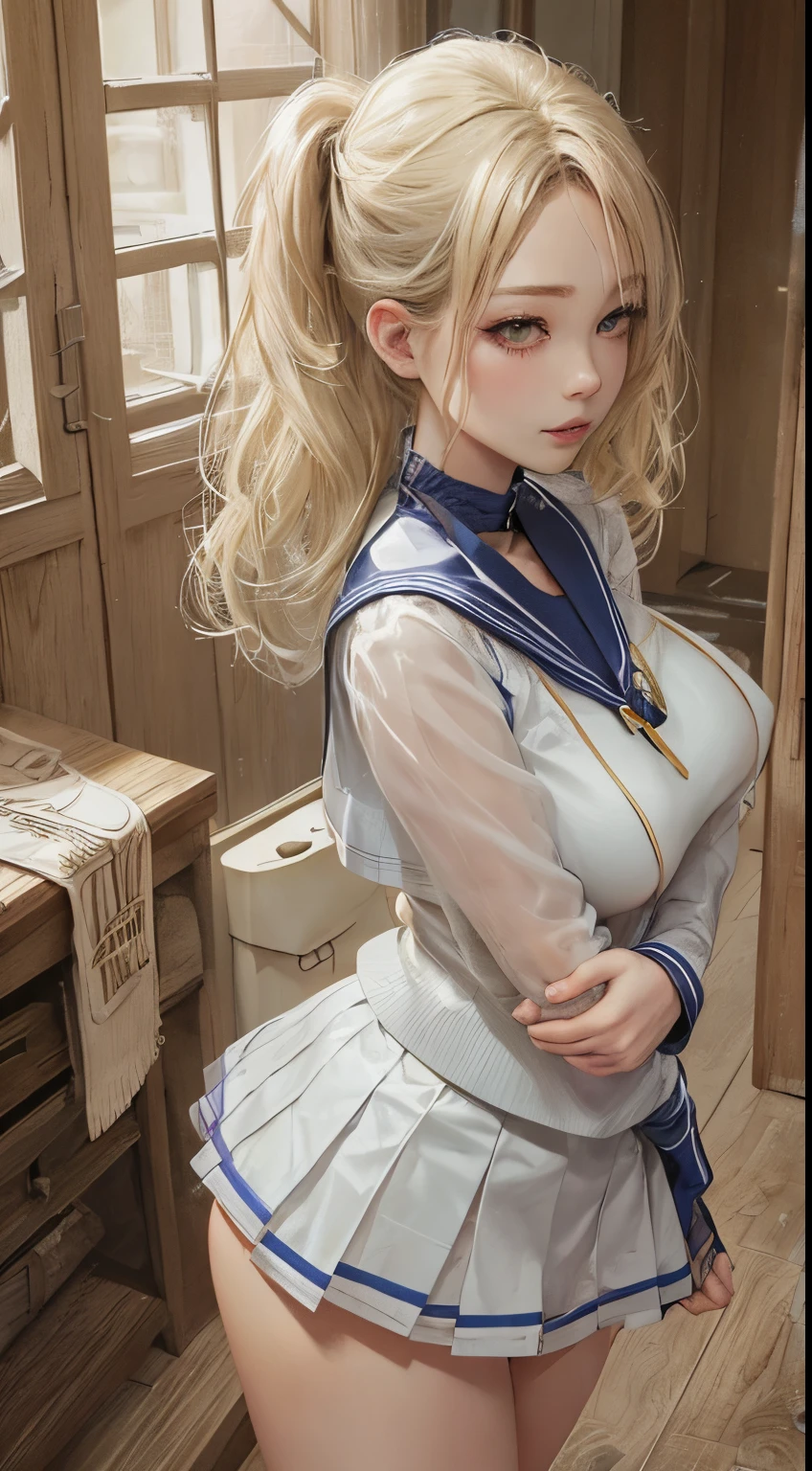 top-quality、realistic touch,high-detail、photoRealstic、skirts that are too short、big eye、slender body、tall、Big breasts that are about to fall out of your clothes、Strong eyelashes、platinum-blonde-hair、Beautie、A sexy、full body Esbian、Sparkling eyes、Submissive smile、Flushed cheeks、Kamimei、thin-waist、Voluptuous thighs、Enraptured look、The forehead is protruding、See-through clothing、Inside a dim wooden room with no lights or windows、panties that shows camel toe、and shiny hair、 in sailor suit、sticking out the buttocks、a sailor suit