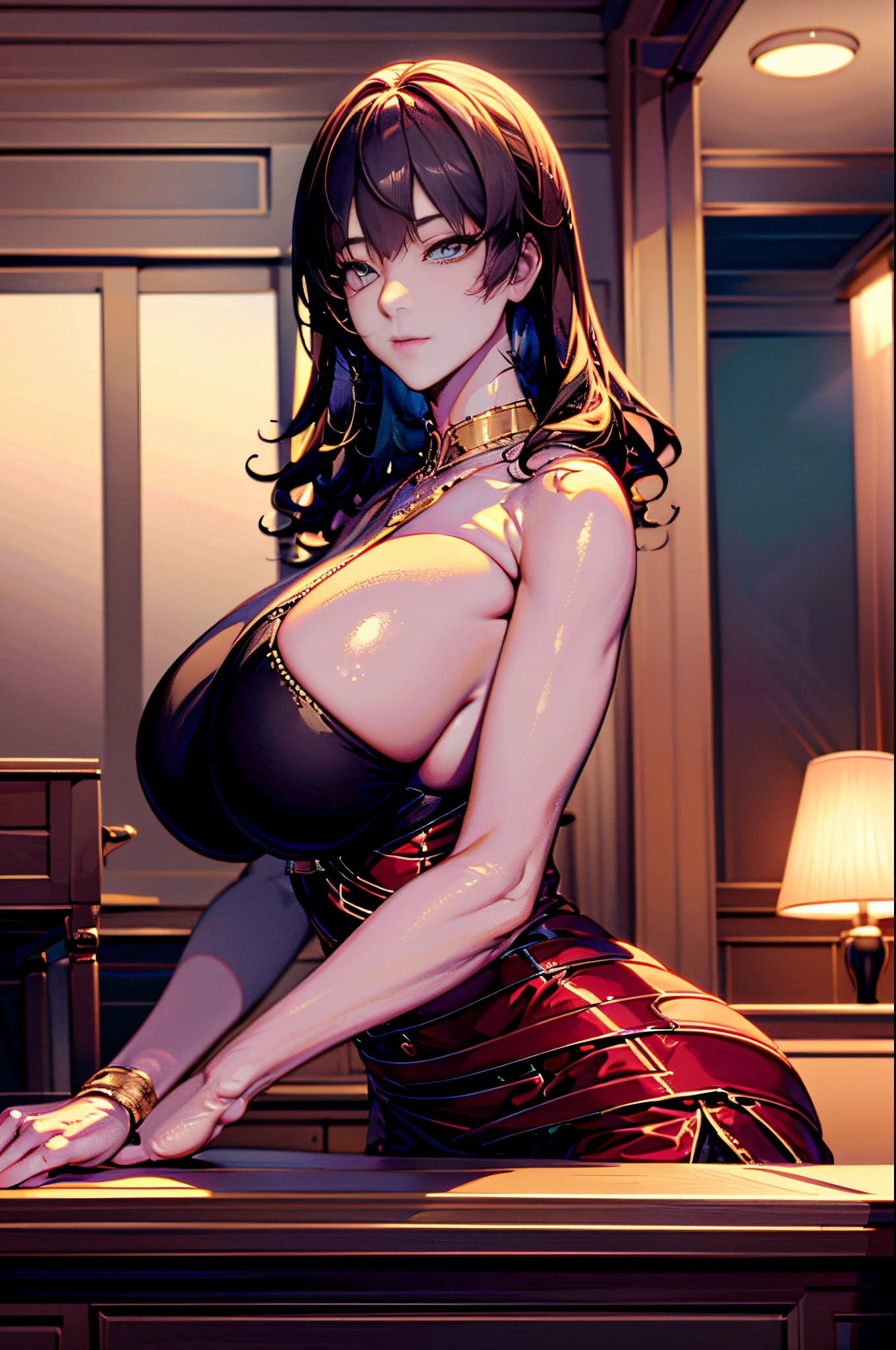 Best Quality, masutepiece, finely detail, huge filesize, Ultra-detailed, hight resolution, the Extremely Detailed CG Unity 8K Wallpapers, extremely detailed eye and face, Ray tracing, Looking at Viewer, Illustration depicting the upper body of a young woman leaning against an office desk、Put your arm on the desk, Press the lower edge of your chest against the edge of the desk, Emphasis on posture、Lighting emphasizes the contours from the side、,(looking at the viewers), Hephaestion,Pretty woman in a tall red dress