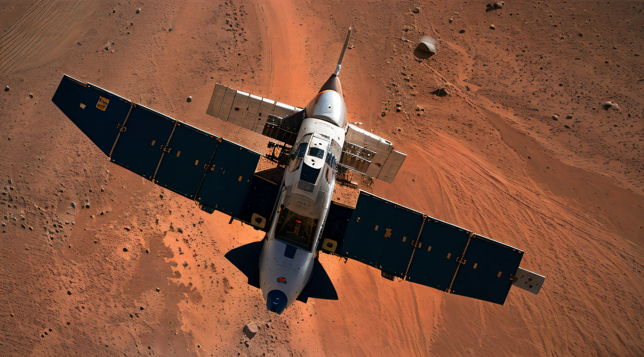 In the sky above Mars, the high-tech aircraft is docking with the space station. The metal texture is strong. The ultra-wide-angle lens makes the picture bright and realistic. The photography effect is