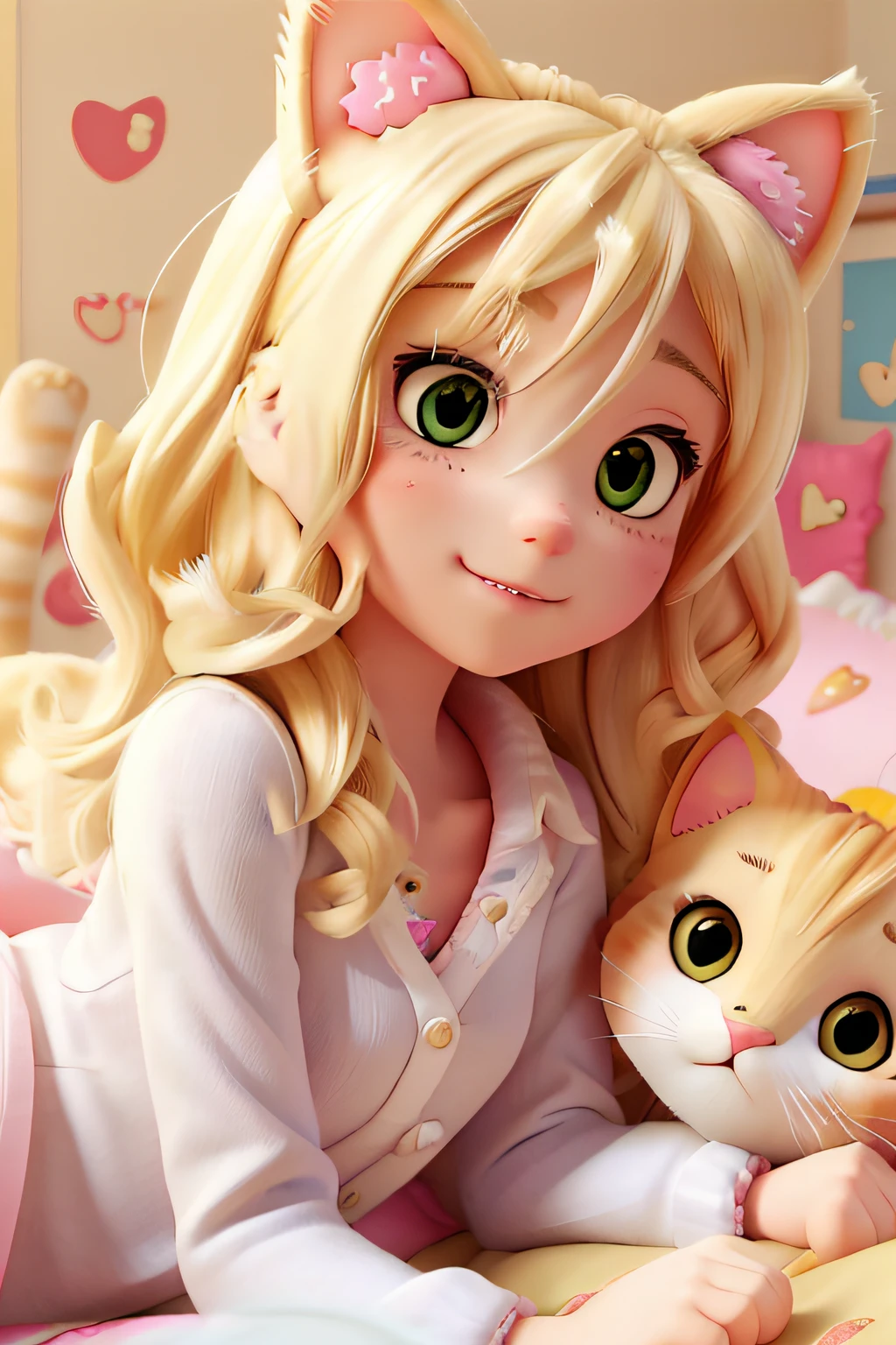 sam yang, 1woman, green eyes, blonde hair, blurry, blurry background, pink bedroom, medium hair, solo, ((masterpiece)), facing viewer, cat ear headphones, smiling, ((masterpiece))