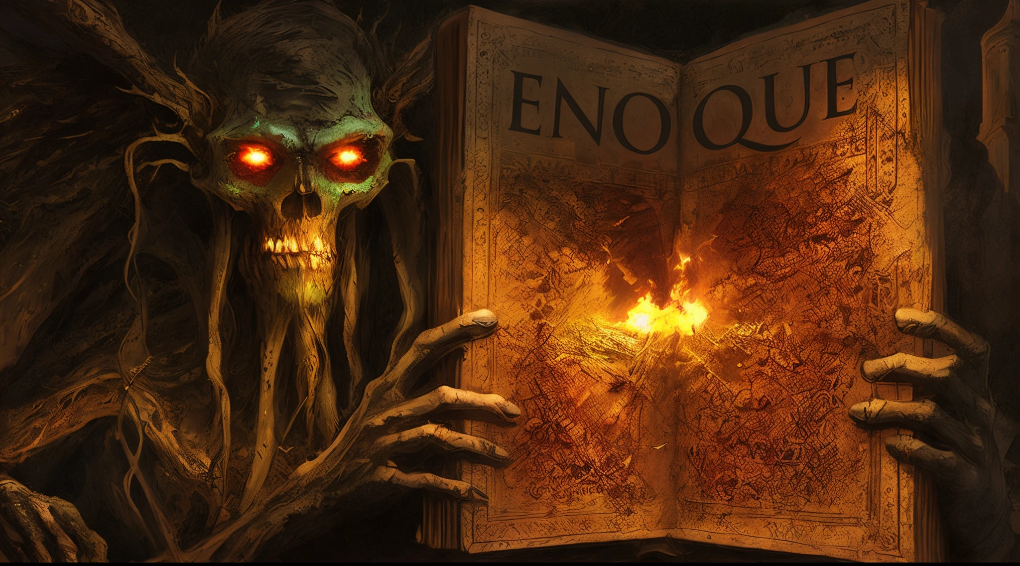 um close de uma pessoa segurando um livro com uma cara maligna, Reading an evil demonic book, epic fantasy novel cover art, Livro dos mortos, inspirado em Enguerrand Quarton, Horror de fantasia impressionante, jeff easley cinematic, Capa de livro de fantasia, epic graphic novel wallpaper, capa do romance litrpg, por Elena Teacher, epic 3 d oxossi