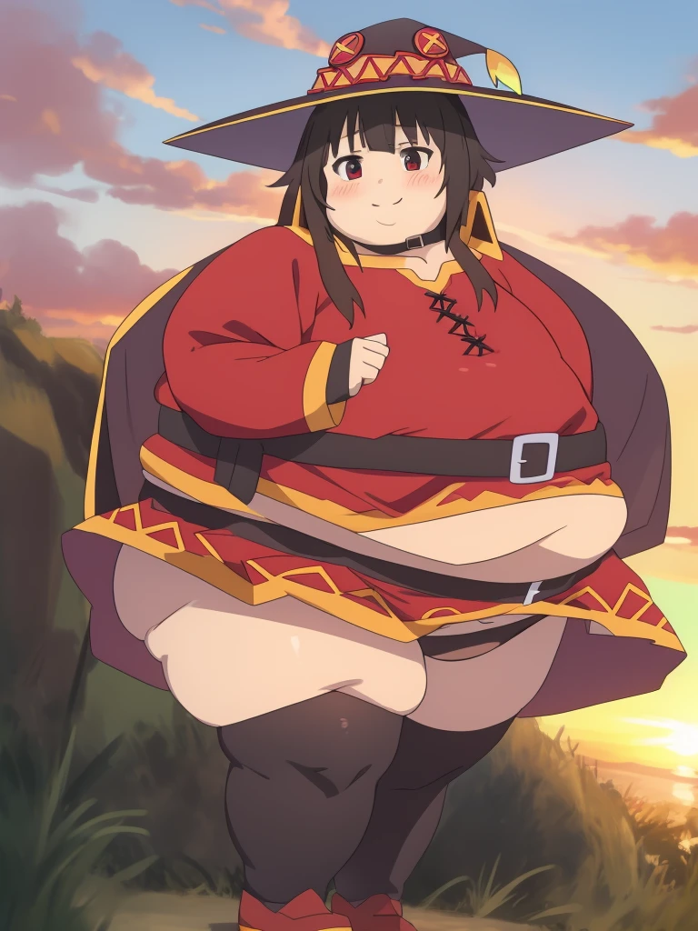 Fat Megumin, masterpiece, Best Quality, realistic anime, sunset, explosion
Sibitai.With preview, obese body, black panties, thick thighs, fat belly, obese , fat arms, big cheeks, cute and fat face, happy