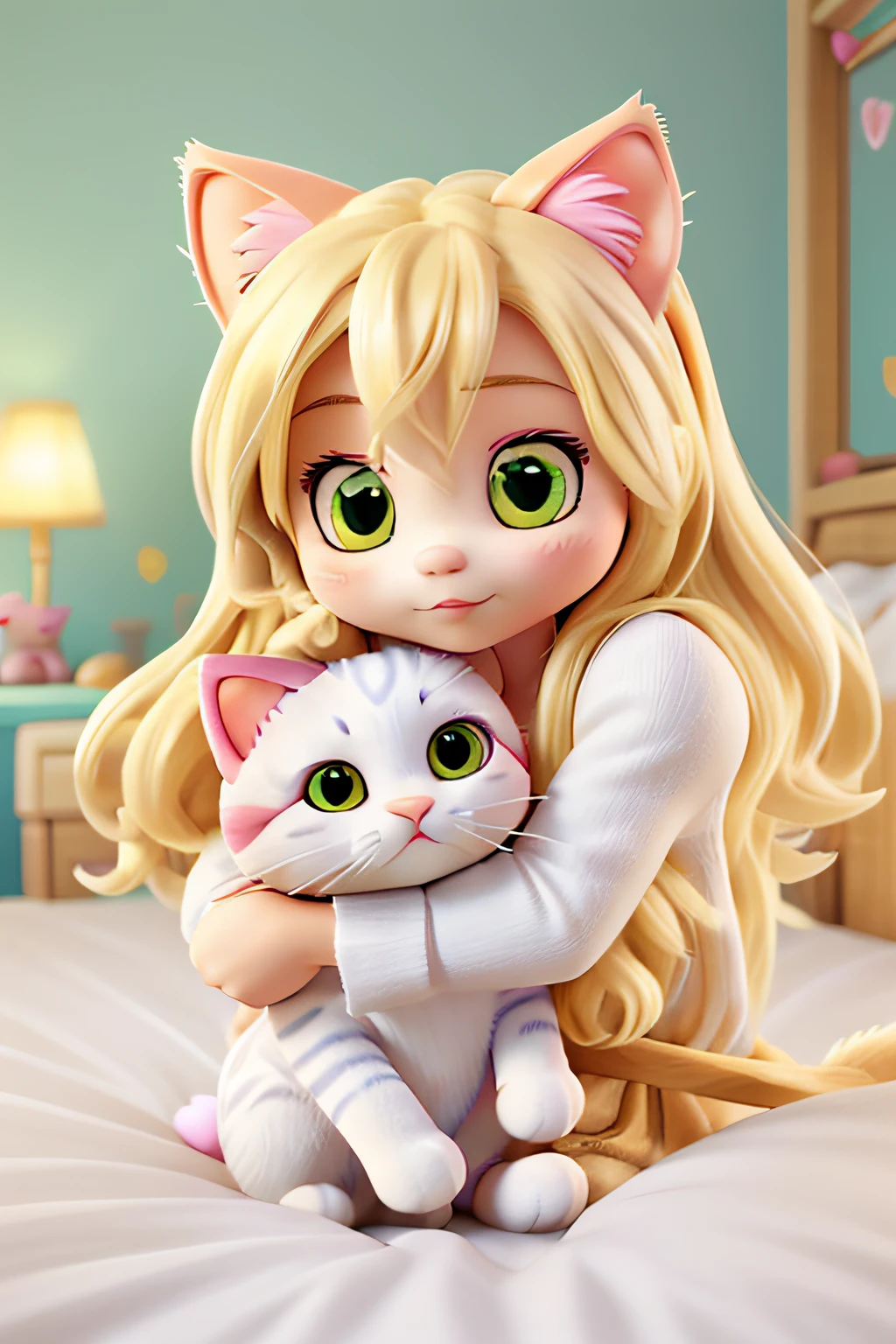 blond haired girl with a hello kitty stuffed animal on a bed, avril lavigne, hello kitty, very beautiful cute catgirl, ellen von unwerth, attractive cat girl, hello, !!!! cat!!!!, yami kawaii, white cat girl, white ( cat ) girl, devon cady-lee, hana alisa omer, elokitty