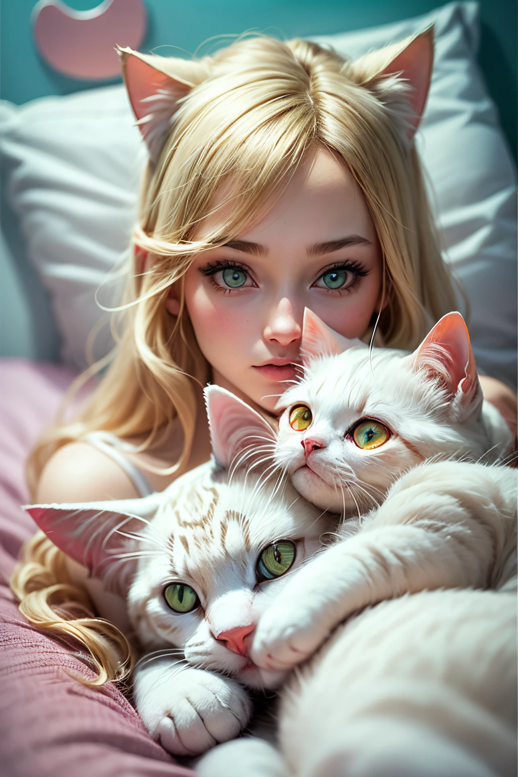 blond haired girl with a hello kitty stuffed animal on a bed, avril lavigne, hello kitty, very beautiful cute catgirl, ellen von unwerth, attractive cat girl, hello, !!!! cat!!!!, yami kawaii, white cat girl, white ( cat ) girl, devon cady-lee, hana alisa omer, elokitty