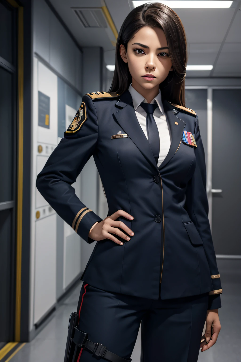 Female commander of a squadron on the justice side in special effects works grim facial expression in school uniform Full body like The background is office, nffsw, retinas, masutepiece, ccurate, Anatomically correct, Textured skin, Super Detail, high details, High quality, Best Quality, hight resolution