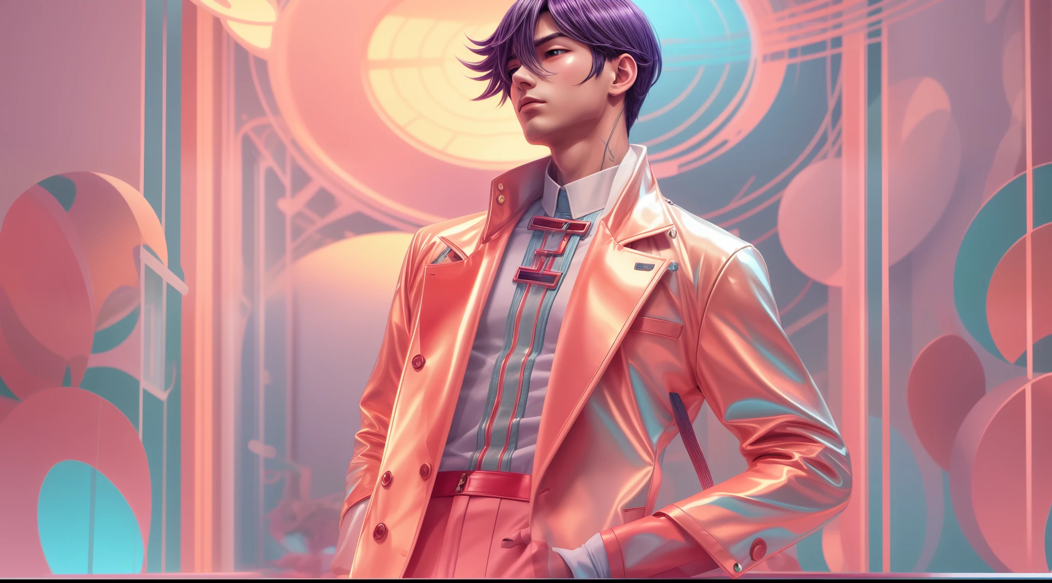 a man, in a dynamic pose wearing an expensive and fashionable outfit, designed by Gucci::3, tumblr, inspired by Yanjun Cheng style, digital art, internet boy lofi meme, trend in dezeen, catalog photo, 3 d render beeple, rhads and lois van baarle, cartoon style illustration, bright pastel colors, a beautiful art illustration, retro anime boy --ar 2:3 --q 2