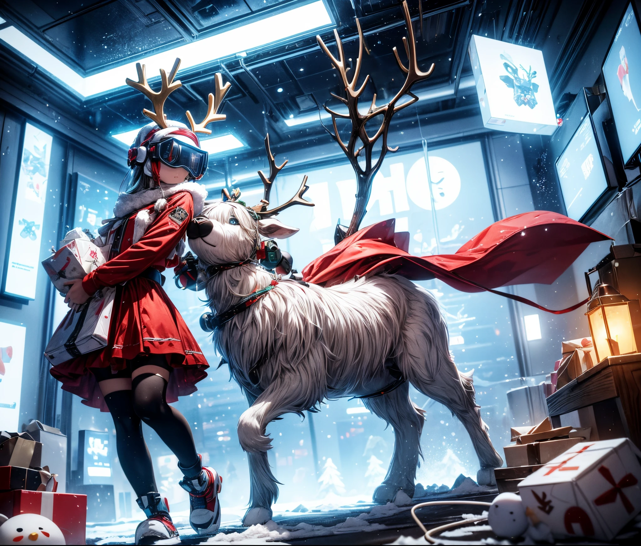 Reindeer, (blind box toy style:1.2), nuttcraker toy, (Full Body Shot) ,  1 Transparent Santa claus, Behind him is a snowman and reindeer, snowflakes, Transparent mecha, Exquisite Helmet:1.2, glowing goggles:1.2, Cyberpunk, Dreamy Glow, Luminous neon lamp, clean, white background, ( Global illumination, raytracing, HDR, unreal render,reasonable design, high detailed, masterpiece, best quality, UHD, Cinematic Lighting)