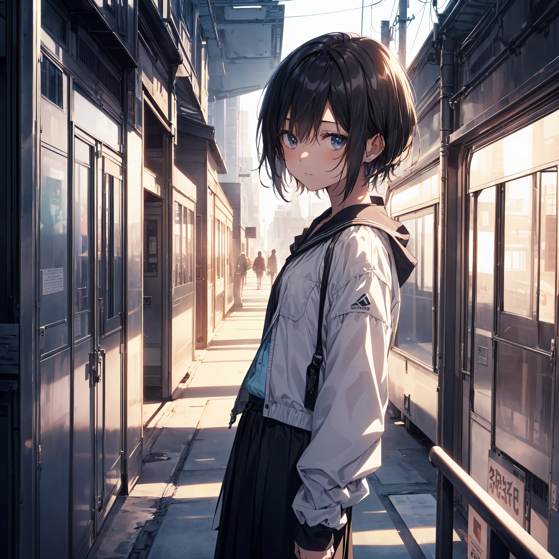 Portrait, Documentary, Photo, A girl is -yeld ger-neutral middle scrt black hair and small chest, walking on the school commute route with a tired expression, Short hair, School uniform, skirt, School commute route, High quality, Realistic, Eye-level shot, Medium shot, side view, Natural lighting, School commute,caustics, break,1girl, (Solo,Loli,child,13-year-old:1.5),a junioh scho stt, angynous charry Short hai, Small butt, black eyes,disgusted eye,break,((top quality,ultra-detailed,high resolution,extremely detailed CG, anime, beautiful anime portrait, anime art wallpaper 8k, perfect anatomy, super detailed skin, cinematic lighting,))