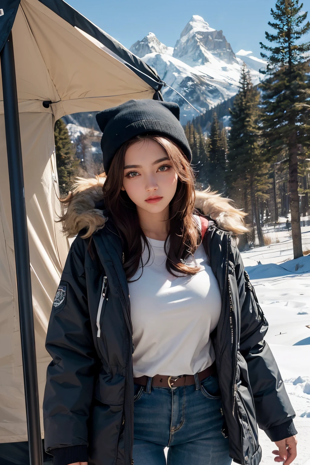 ropa de refugio, (big tits) blusa, ski jacket, piel guepardo, ropa con mucho pelo, abrio invierno, parka, tetas grandes, a 20 year old female, Pelo largo y rojo, con tetas grandes, tema oscuro, tonos relajantes, colores apagados, alto contraste, (textura natural de la piel, (hiperrealismo) refugio, parka, realista, alta calidad foto.