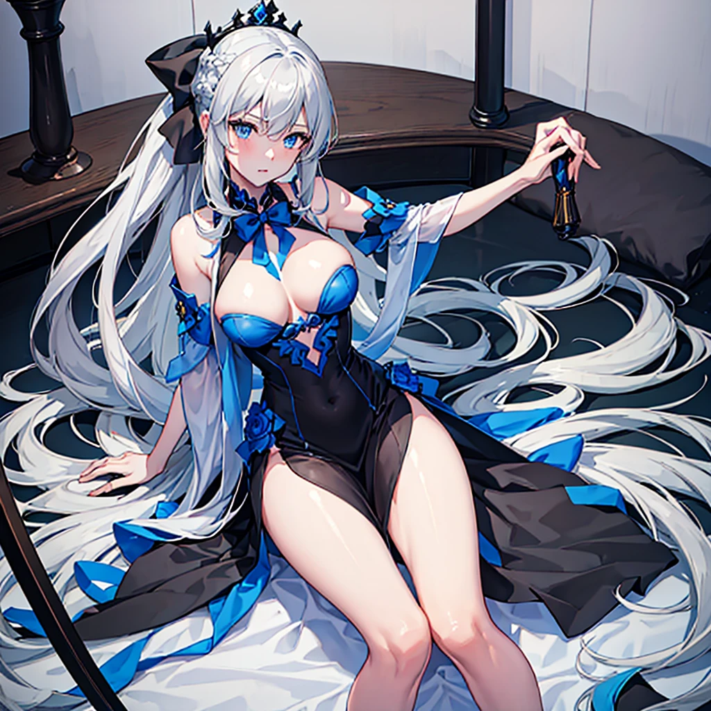 （Enrich the picture，Masterpiece level quality）Beautiful 8K CG artwork，morgan le fay (fate), blue eyes, Long Hair, pony tail,Very long hair, big boob, black bow, looking at viewer, gown, Hair Bow, thights, thights, black dress, Bangs, side locks, French braid, grey hair,Goddess-like posture,Kneeling exercise,Slim and soft,Translucent skin,big breasts,(((solo))),lying on your back,leg extension,m legs,Look at the viewer,expression to the top,on bed,