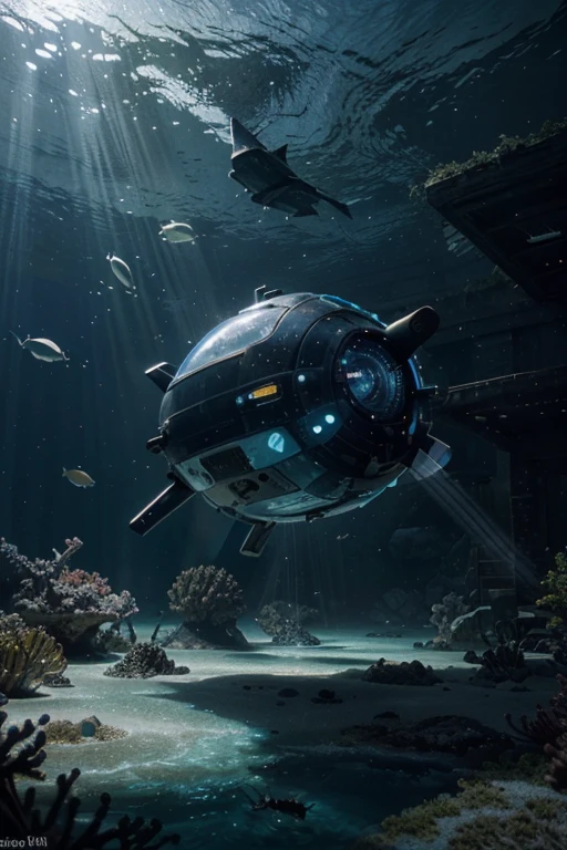 (best quality,4k,8k,highres,masterpiece:1.2),ultra-detailed,(realistic,photorealistic,photo-realistic:1.37),underwater scene,plasma beam,bright blue light,(metallic structure round:1.1),projecting light,(from deep sea to deep space),futuristic weapon,(high-tech:1.1,modern:1.05), sci-fi inspiration,shining,reflective,translucent effects,advanced technology,shadows,submerged city ruins,marine life in the background,navigational panels,holographic displays,energy pulses,glowing particles,sparkling water,heavily detailed visuals