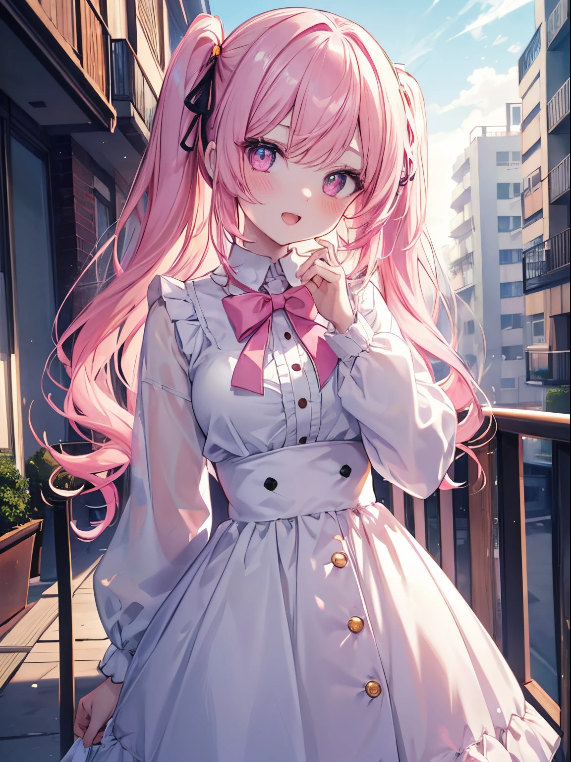 masutepiece, Highest Quality, (Perfect face:1.1), (high detailing:1.1), (ultradetailed eyes), Dramatic, superfine illustration, Extremely detailed,1girl in, (pale skin),Smile, Open mouth,gloweyes,pinkhair, (Twin-tailed),Ethereal eyes, pink eye,(light eyebrow),blush, Solo,, Pouty lips,Cinematic lighting,Cowboy Shot,ta clothes,frilld, bow ribbon, Pink, Long sleeve, balconies、The weather is sunny、Bright sunshine