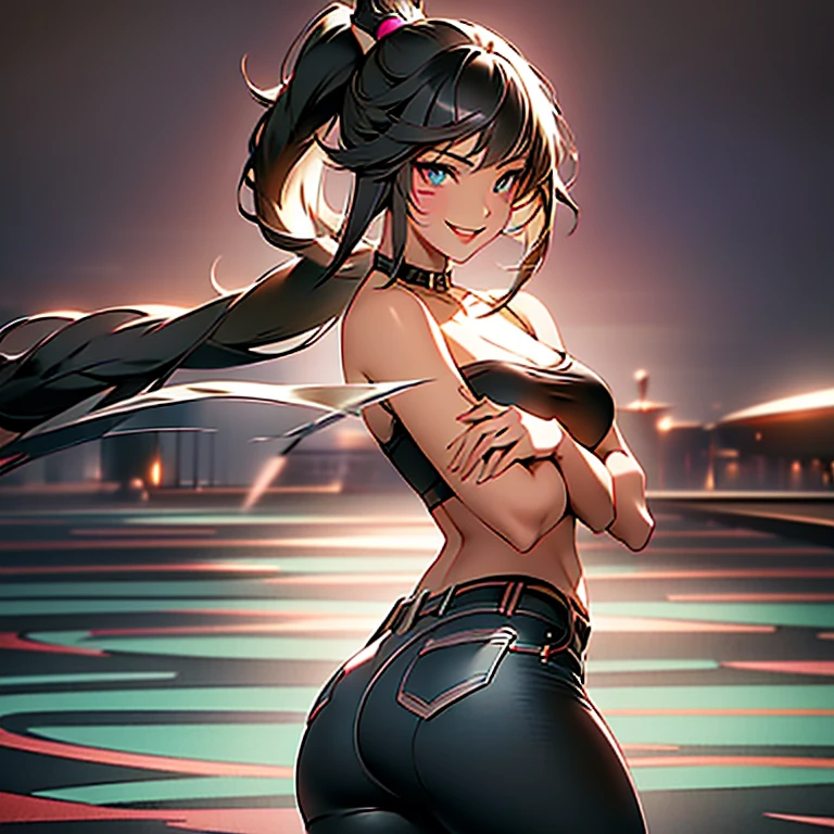 Draw Suzy in 4k quality, a female character with waist-length black hair wearing a sexy police officer costume. Suzy is thin with small breasts but has a very nice big and perky ass.. She is in a nightclub dancing at Poly dance showing her ass to the audience. Small breasts and thin body. 