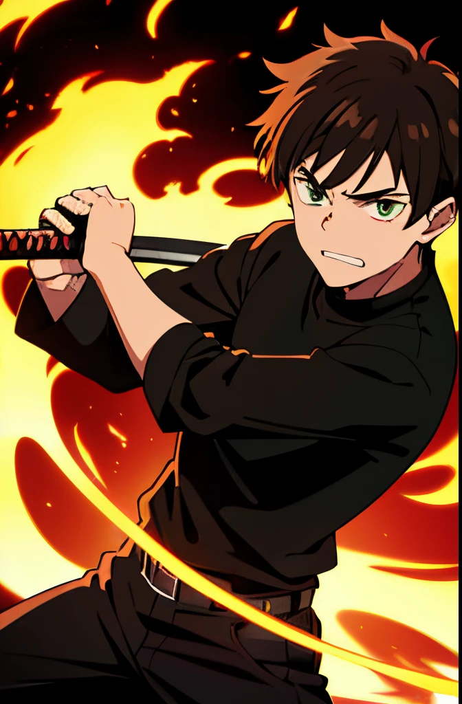 anime character, guy dressed in a black shirt and trousers, traces of blood are visible on his face, green eyes, dark brown hair, hairstyle with bangs , clenched teeth, in his right hand he clutches a single katana, which is engulfed in flames. against the black background , swings to strike