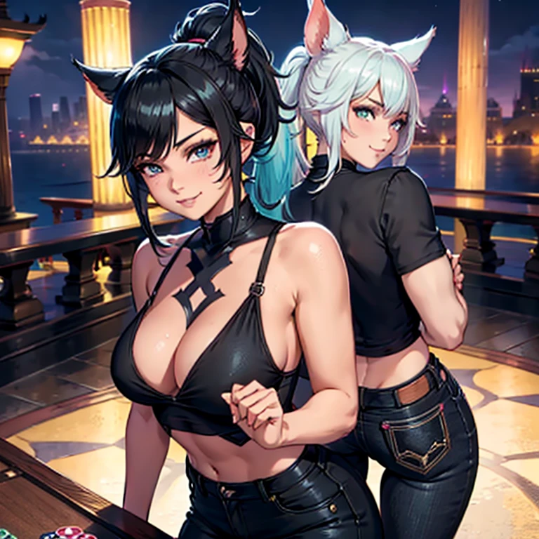 1girl, Miqo'te Final Fantasy 14, wears Black jeans and a black top,, Samourai Sword, Crossing arms, Black hair with Pink highlights, Cyan eyes, Ponytail, Black skin tone, in a casino, Portrait, smiling face, tribal mark, outdoor scene,