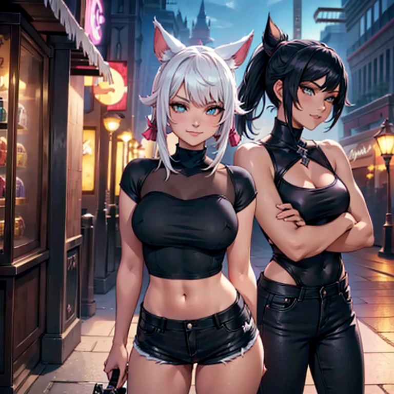 1girl, Miqo'te Final Fantasy 14, wears Black jeans and a black top,, Samourai Sword, Crossing arms, Black hair with Pink highlights, Cyan eyes, Ponytail, Black skin tone, in a casino, Portrait, smiling face, tribal mark, outdoor scene,