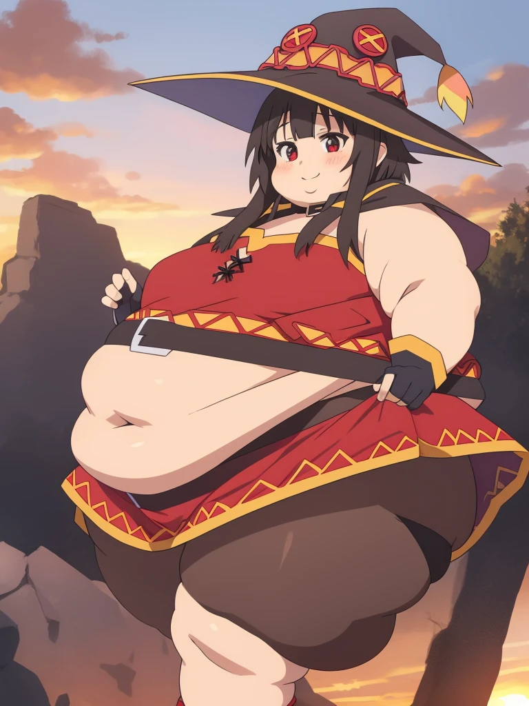 Fat Megumin, masterpiece, Best Quality, realistic anime, sunset, explosion
Sibitai.With preview, obese body, black panties, thick thighs, fat belly, obese loli, fat arms, big cheeks, cute and fat face, happy