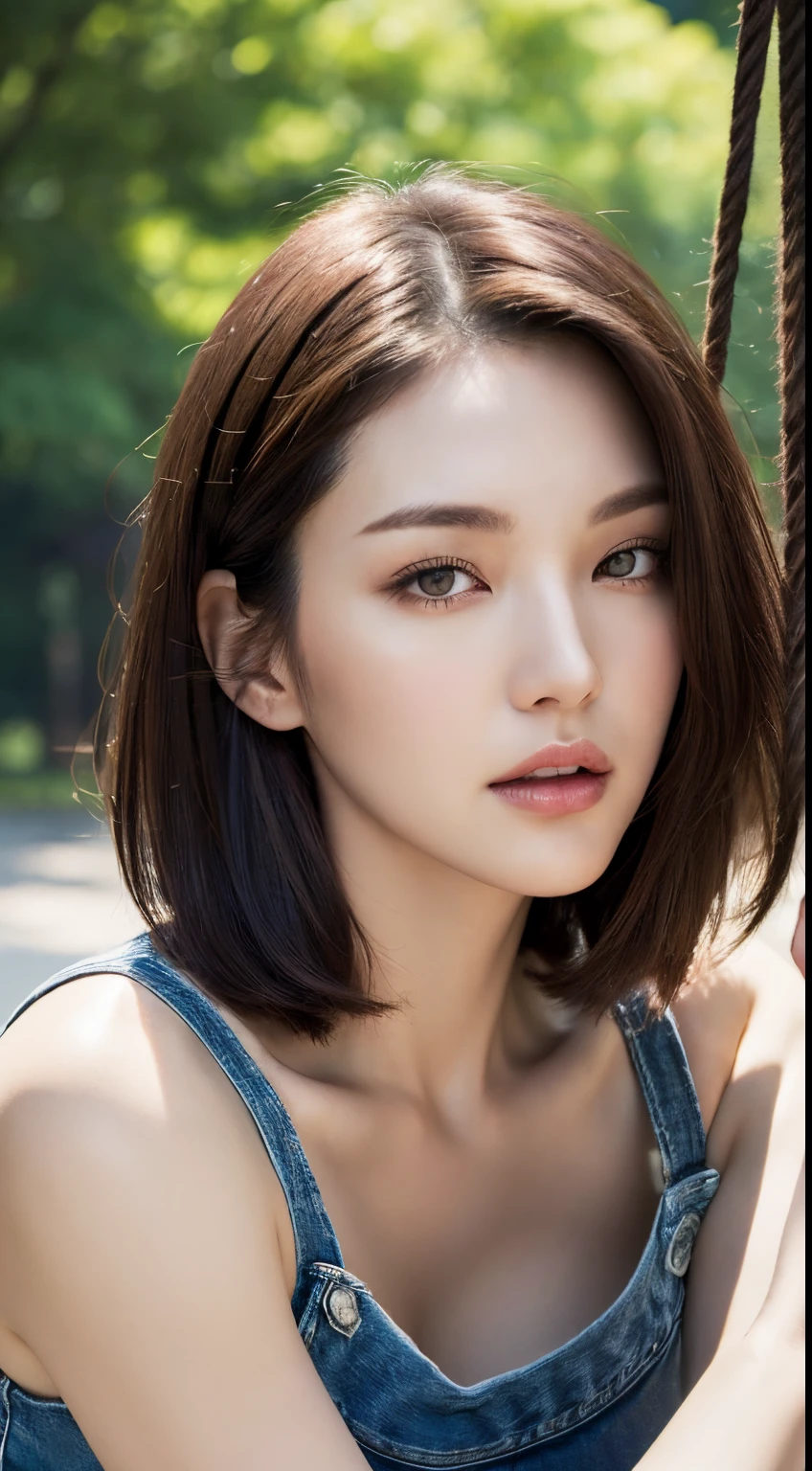 (Best quality, High resolution, Masterpiece :1.3), A tall and pretty woman, Slender figure beauty, Slender abs, Big breasts, (Dark brown short hair), Wearing jean short jumpsuit, Sitting on swing in park, Details exquisitely rendered in the face and skin texture, Detailed eyes, Double eyelid