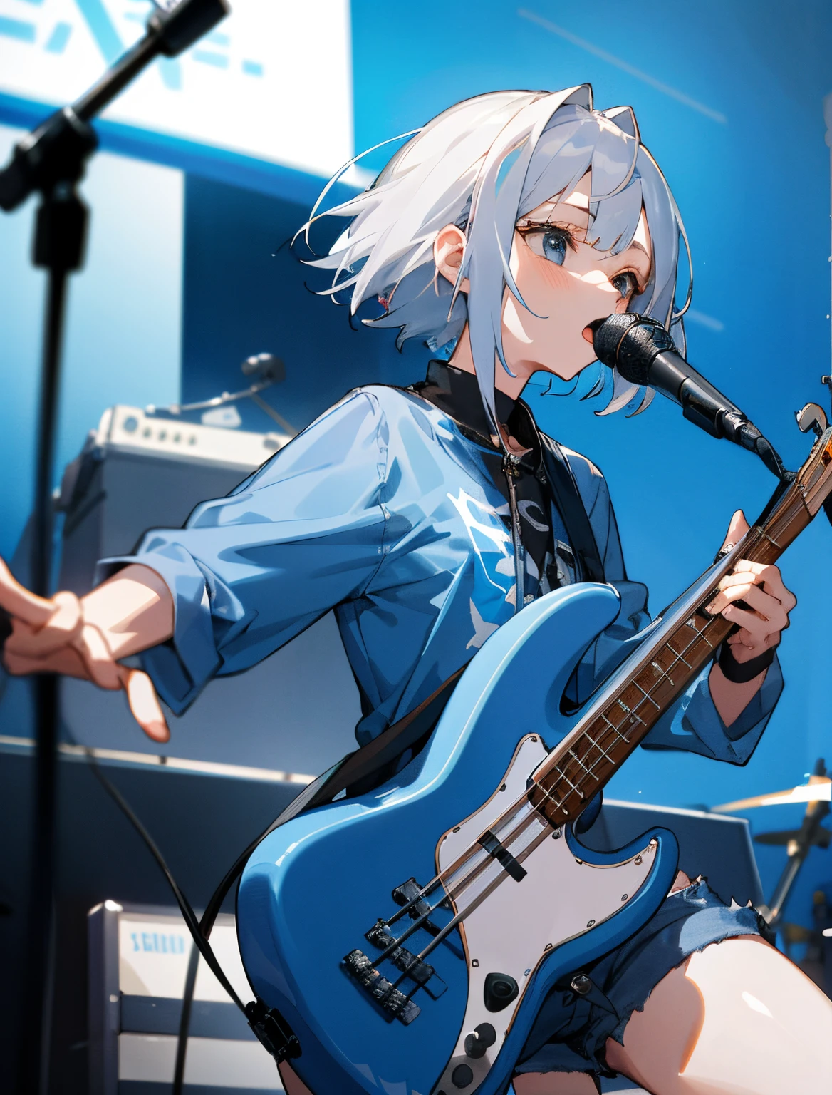 Girl in a dream。Hold the microphone and sing。I have short silver hair。Wearing blue clothes and long jeans pants。It's a rock band。i play the bass