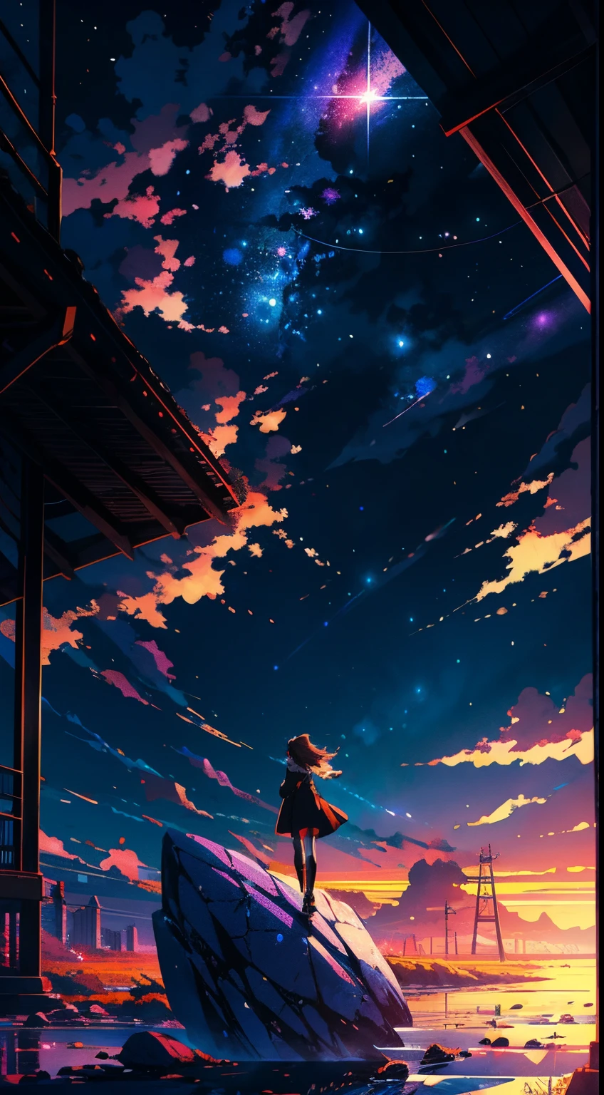 Anime girl standing on a rock looking at iridescent sky, makoto shinkai cyril rolando, anime art wallpaper 4k, anime art wallpaper 4k, Anime art wallpaper 8k, cosmic sky. by makoto shinkai, inspired by Cyril Rolando, in the style dan mumford artwork, amazing wallpapers, by Yuumei