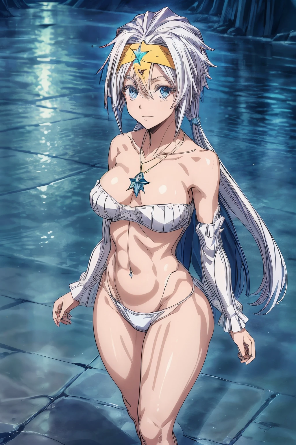 (1 girl), (((Velzard de tensei shitara slime datta ken))), Ela tem pele clara, olhos da cor de diamantes azuis e longos, cabelos brilhantes, pearl white, extending to the waist, (((She wears a blue star-shaped pendant and a gold headband.))), (wears a very short black bikini), seios grandes, thin arms, (barriga musculosa), (((pernas musculosas))),(Standing), cintura fina, bare feet and very detailed, beautiful feet and well-shaped toes, (((beach night scene with starry sky and blood moon in the sky))), (cabelos presos em rabos de cavalo duplos), olhos vazios, olhos vazios, olhos vazios, eye reflection, olhos brilhantes, mau humor, anime, estilo anime, ray tracing, Cinematic lighting, panorama, Sony FE, UHD, master part, anatomicamente correto, Super Detalhe, alta qualidade, best quality, high resolution, 16k