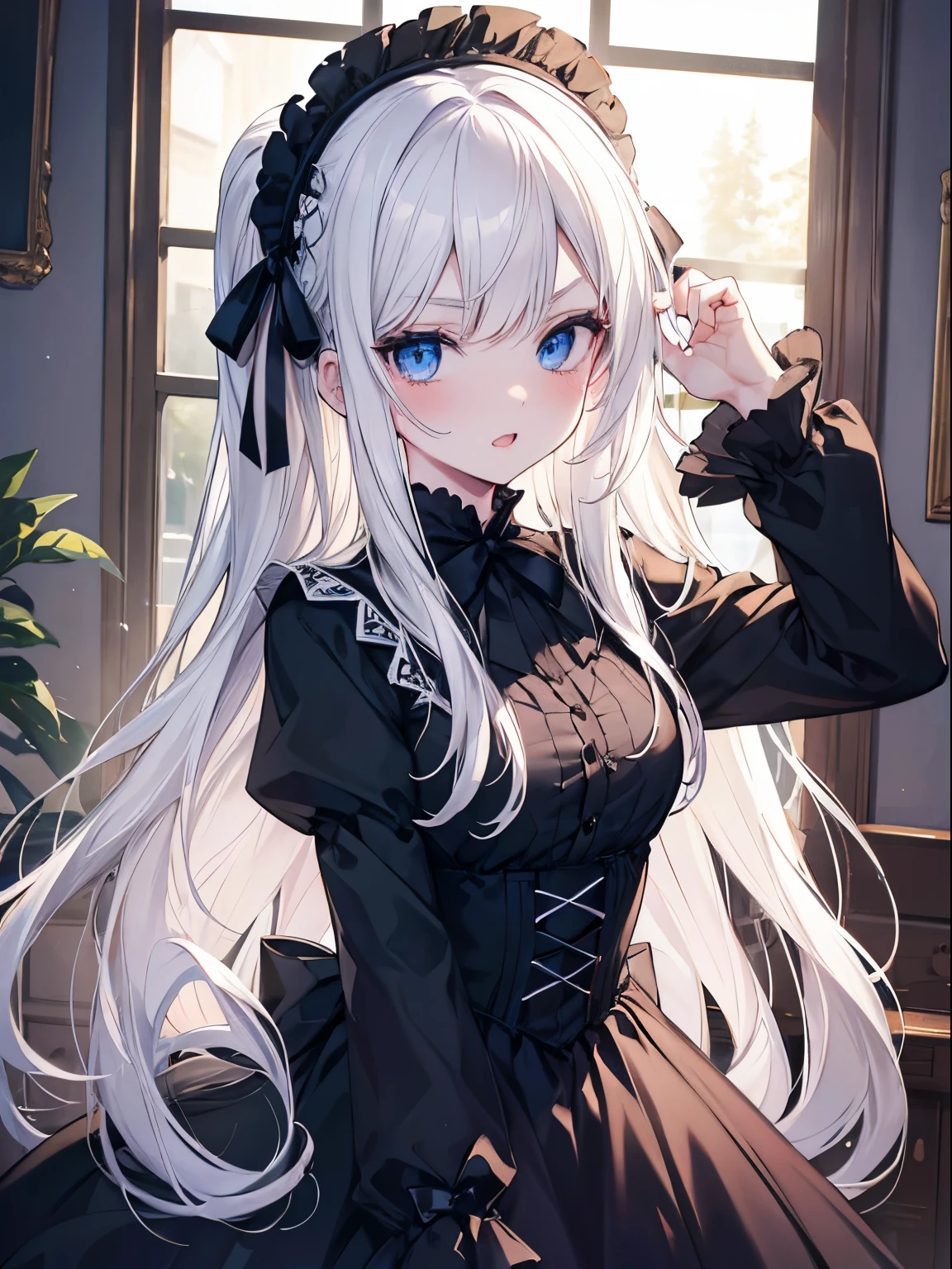 masutepiece, Highest Quality, (Perfect face:1.1), (high detailing:1.1), (ultradetailed eyes), Dramatic,  superfine illustration, Extremely detailed, 1girl in, (pale skin), (long white hair), Ethereal eyes, Blue eyes,tareme, (light eyebrow),blush,Solo, Smile, Open mouth,Pouty lips,Cinematic lighting, Looking at Viewer,Cowboy Shot,Gothic lolita, frilld, bow ribbon,Head dress, long sleeve,Black,a room