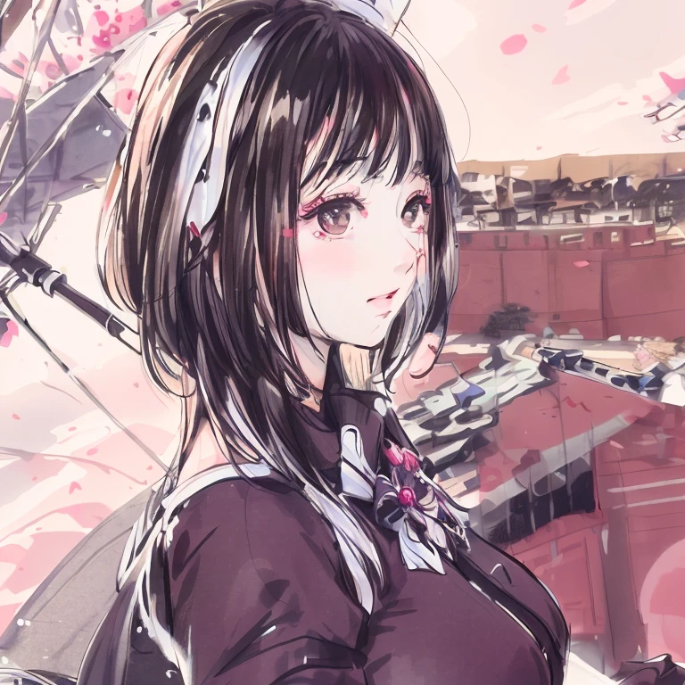 high detal, super detailing, 超高分辨率, Black and white sketch style，japan manga style，student-made clothing，cute big breasts，delicated face, Add a playful atmosphere，Detailed background under cherry blossom trees