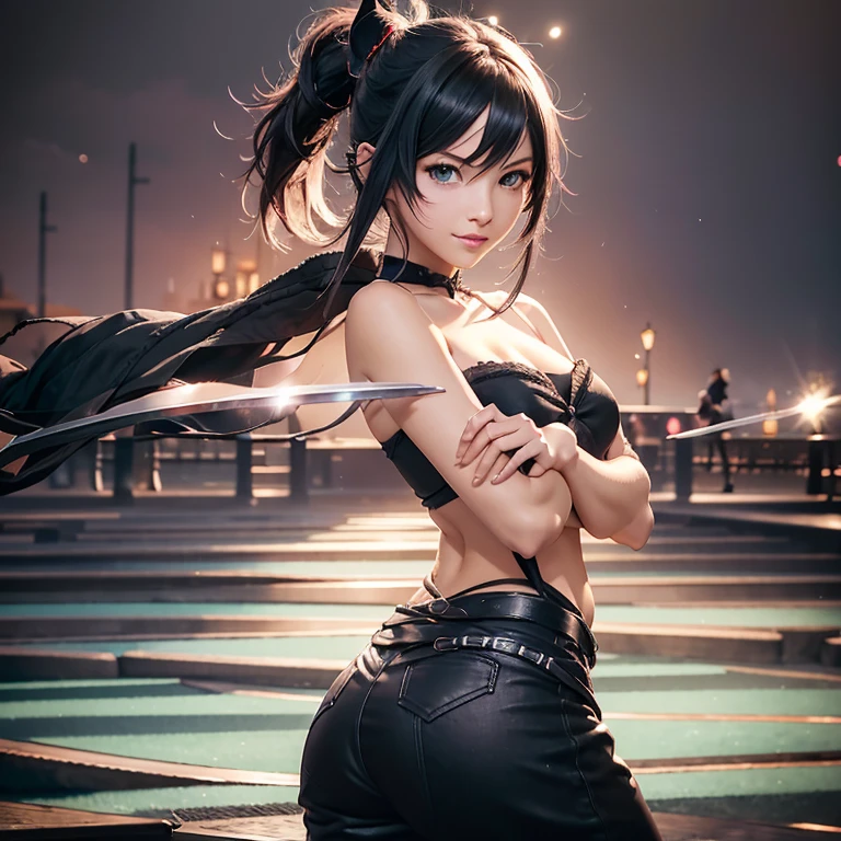 1fille, Miqo&#39;te Final Fantasy 14, porte un jean noir et un haut noir,, Samurai Sword, arms crossed, Cheveux noirs avec des reflets roses, Yeux cyan, Queue, teint noir, dans un casino, portrait, visage souriant, marque tribale, outdoor scene,