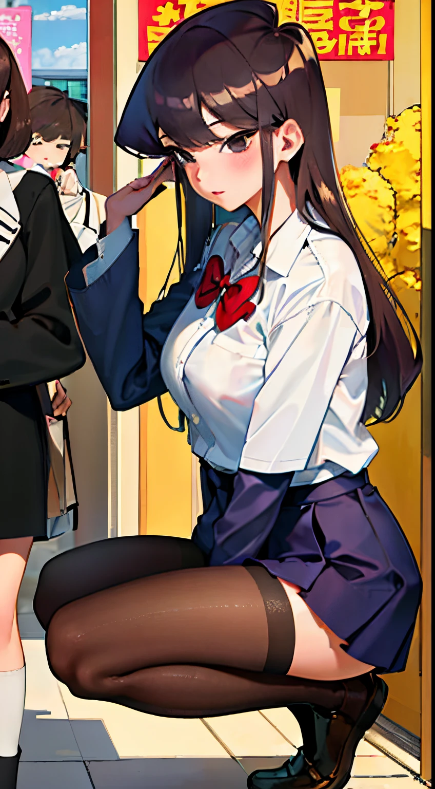 komi shouko,brunette color hair，Fleshy thighs，Fashion magazine cover title，Poster publicity style，Japanese-style school uniform，Pose，C cup，Happy expression，Black broken stockings