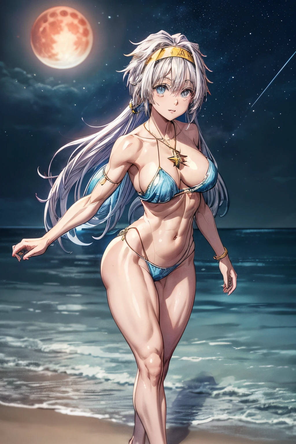 (1 girl), (((Velzard de tensei shitara slime datta ken))), Ela tem pele clara, olhos da cor de diamantes azuis e longos, cabelos brilhantes, pearl white, extending to the waist, (((She wears a blue star-shaped pendant and a gold headband.))), (wears a very short black bikini), seios grandes, thin arms, (barriga musculosa), (((pernas musculosas))),(Standing), cintura fina, bare feet and very detailed, beautiful feet and well-shaped toes, (((beach night scene with starry sky and blood moon in the sky))), (cabelos presos em rabos de cavalo duplos), olhos vazios, olhos vazios, olhos vazios, eye reflection, olhos brilhantes, mau humor, anime, estilo anime, ray tracing, Cinematic lighting, panorama, Sony FE, UHD, master part, anatomicamente correto, Super Detalhe, alta qualidade, best quality, high resolution, 16k