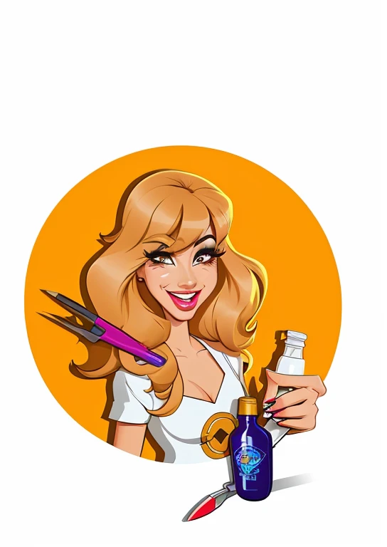 cartoon illustration of a woman with scissors and a bottle of liquid, in illustration style digital, professional illustration, color digital illustration, digital illustration -, arte dos desenhos animados, Cartoon style illustration, air brush illustration, digital illustation, professional illustration, charicatura, professional vector graphic, stylized digital illustration, estilo caricatura, por Ella Guru, arte digital dos desenhos animados