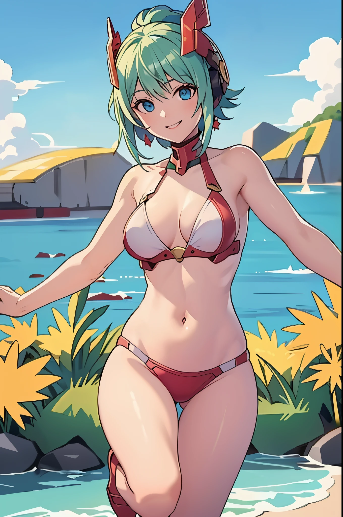 (best quality,4k,8k,highres,masterpiece:1.2),ultra-detailed,realistic,beautiful detailed eyes,beautiful detailed lips,extremely detailed eyes and face,longeyelashes,portraits,red bikini,green hair, short hair,blue eyes,red mecha headgear,small breasts,smiling,piscina,sharp focus,vivid colors, full body in frame