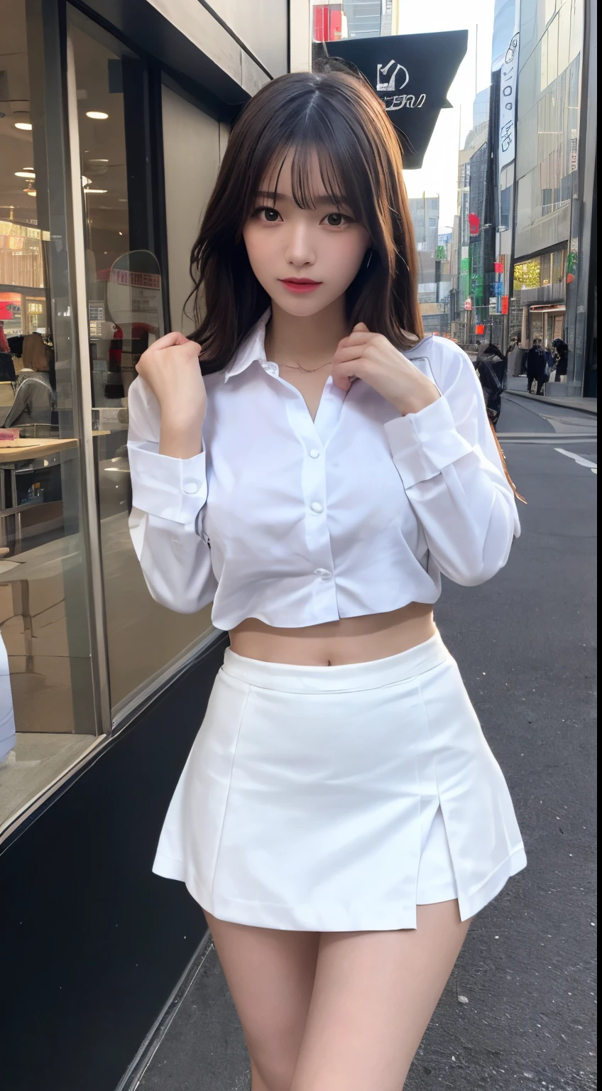 masutepiece, Best Quality, Illustration, Ultra-detailed, finely detail, hight resolution, 8K Wallpaper, Perfect dynamic composition, Beautiful detailed eyes, Natural Lip,Background in front of the café,Lit up,Beautiful sunset,((White business shirt:1.5,Short skirt with slit:1.5,The shape of the chest is visible:1.5,thigh visible:1.5)),((Pinching the chest,Flip up the skirt yourself:1.5)), cleavage, Full body