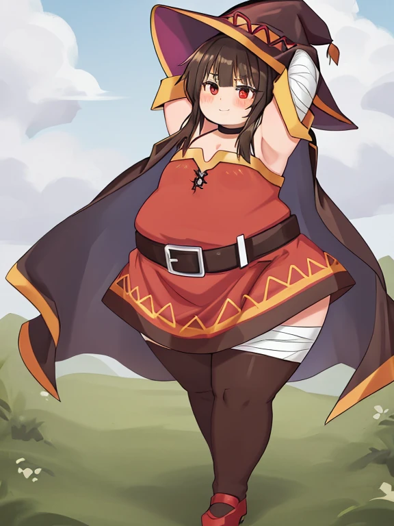 Fat Megumin, Crazy Wizard, 1 Girl, Solo, Witch Hat, Brown Hair, Long Short Hair, Red Eyes, Blush, Evil Smile, Black Choker, Obese Body, Clavicle, Flat Chest, Fat Arms, Chunky Girls, fat arms, thick thighs, Off-Shoulder Dress, Red Dress, Obese Loli, Big Cheeks,Brown Cloak, Long Sleeves, Black Gloves, Fingerless Gloves, Brown Belt, Gold Trim, (Asymmetrical legs: 1.4), unmatched legwear, (bandaged legs: 1.3), black thighs, (arms behind the back: 1.3), simple background, high quality, high resolution. ((outdoors)), presenting armpit, nipples