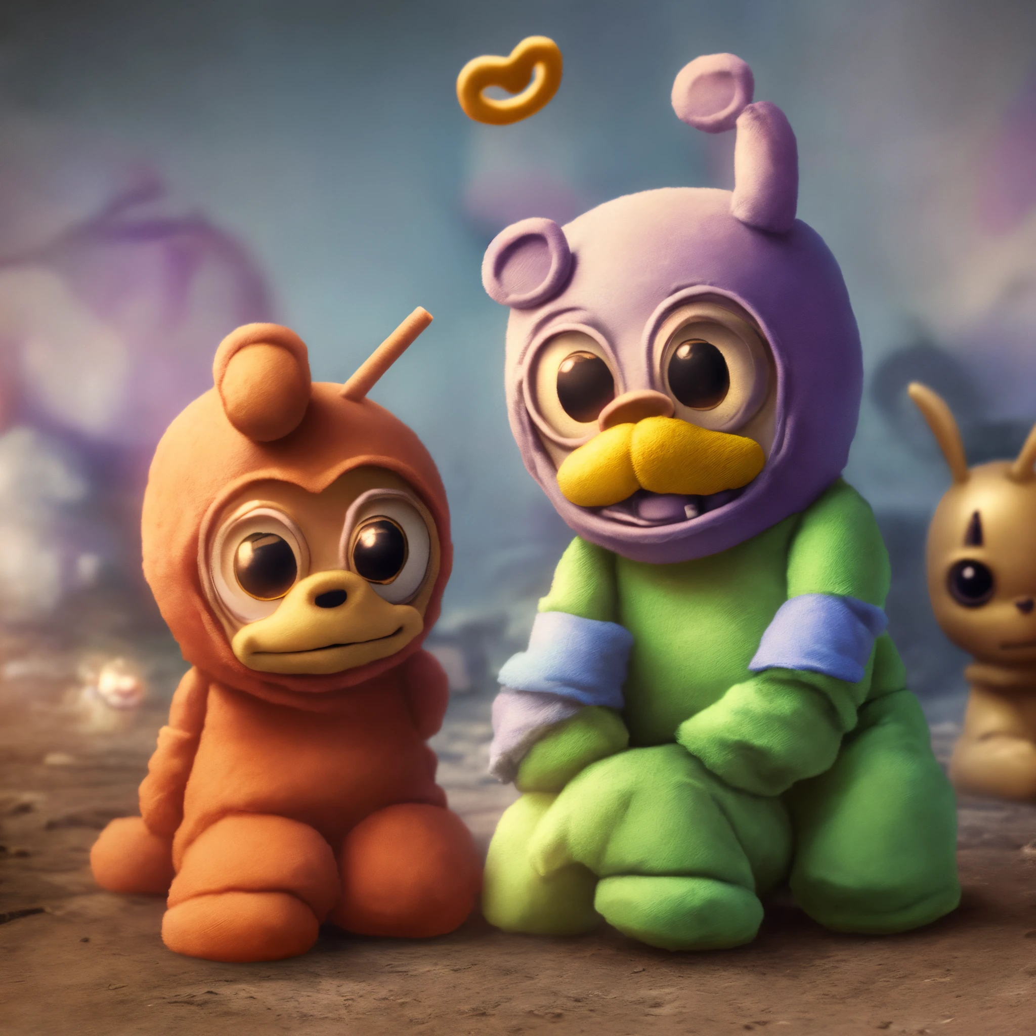 Tinky-Winky, two Teletubbies with a post-apocalyptic visual fnaf type