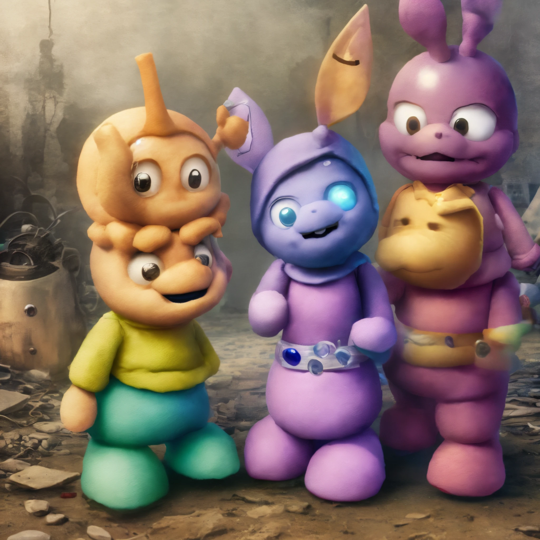 Tinky-Winky, two Teletubbies with a post-apocalyptic visual fnaf type
