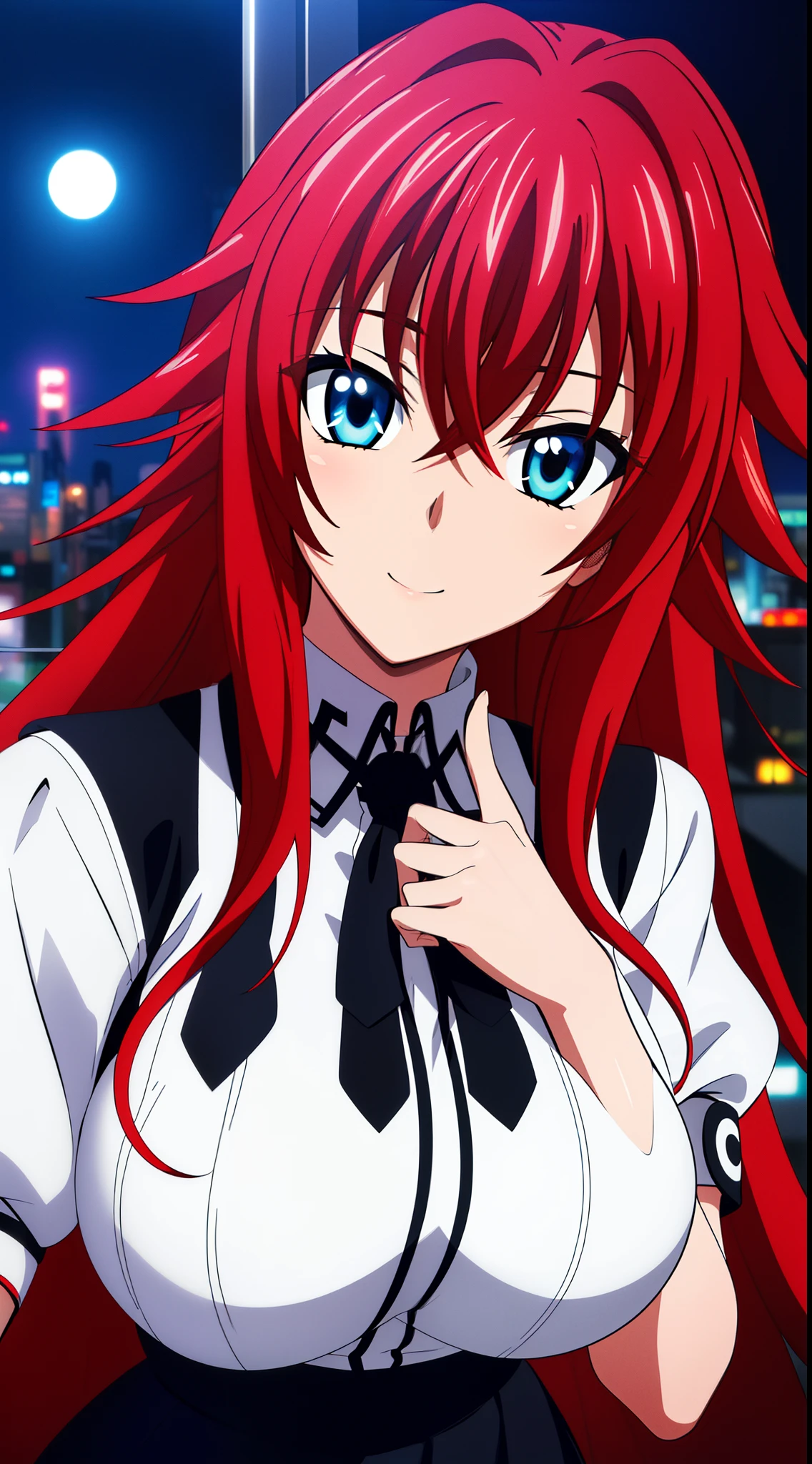 (Night:1.7), Japan, cyberpunk, CityView, Before Window,
Standing at attention,
Black cape,Black neckwear,white shirt,short_sleeves,pleated skirt, sailor_collar,
Red_hair,Very_long_hair,Blue_EYES,Bangs,
1 girl, 20yo,Young female,Beautiful Finger,Beautiful long legs,Beautiful body,Beautiful Nose,Beautiful character design, perfect eyes, perfect face,expressive eyes,
looking at viewer, in the center of the image,(Upper_body),(Focus on her face),
official art,extremely detailed CG unity 8k wallpaper, perfect lighting,Colorful, Bright_Front_face_Lighting,shiny skin, 
(masterpiece:1.0),(best_quality:1.0), ultra high res,4K,ultra-detailed,
photography, 8K, HDR, highres, absurdres:1.2, Kodak portra 400, film grain, blurry background, bokeh:1.2, lens flare, (vibrant_color:1.2)
(Beautiful,large_Breasts:1.4), (beautiful_face:1.5),(narrow_waist),