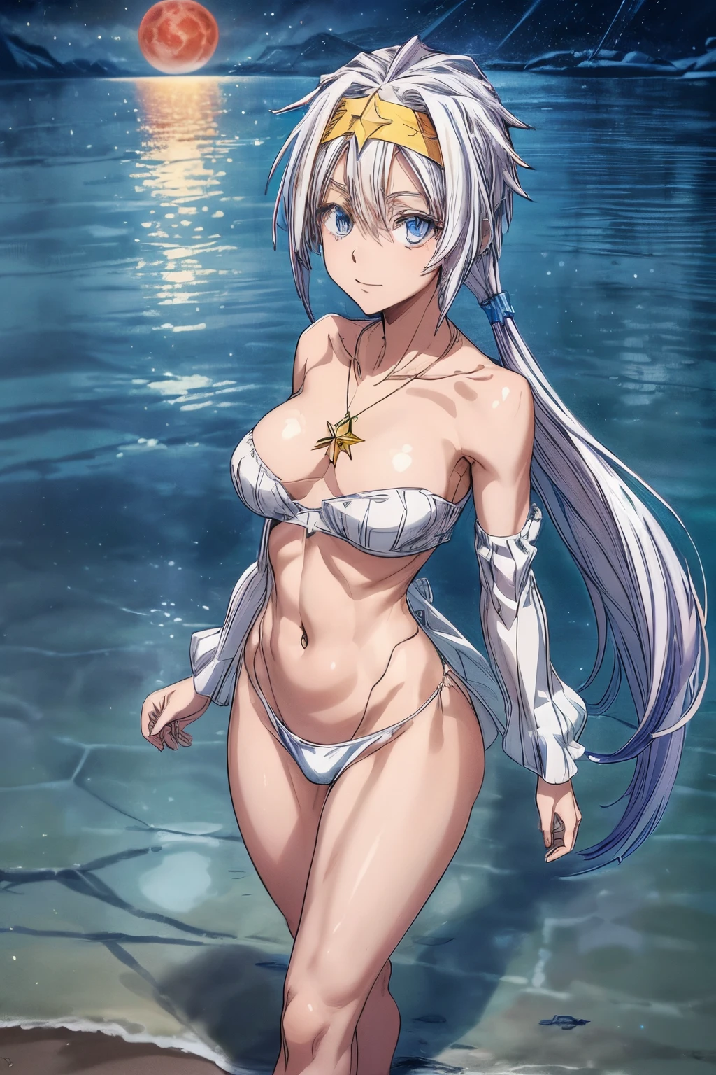 (1 girl), (((Velzard de tensei shitara slime datta ken))), Ela tem pele clara, olhos da cor de diamantes azuis e longos, cabelos brilhantes, pearl white, extending to the waist, (((She wears a blue star-shaped pendant and a gold headband.))), (wears a very short black bikini), seios grandes, thin arms, (barriga musculosa), (((pernas musculosas))),(Standing), cintura fina, bare feet and very detailed, beautiful feet and well-shaped toes, (((beach night scene with starry sky and blood moon in the sky))), (cabelos presos em rabos de cavalo duplos), olhos vazios, olhos vazios, olhos vazios, eye reflection, olhos brilhantes, mau humor, anime, estilo anime, ray tracing, Cinematic lighting, panorama, Sony FE, UHD, master part, anatomicamente correto, Super Detalhe, alta qualidade, best quality, high resolution, 16k