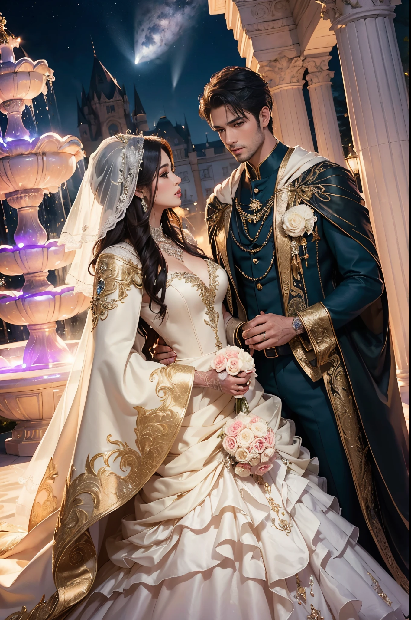 Princes and princesses dressed in ornate dresses for their wedding in the palace --auto
