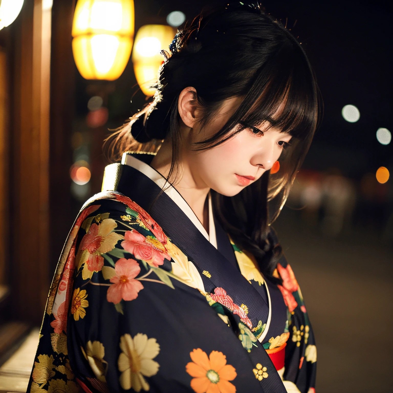 Beauty、kimono、cherry blossoms、black hair、、sunset、firework
