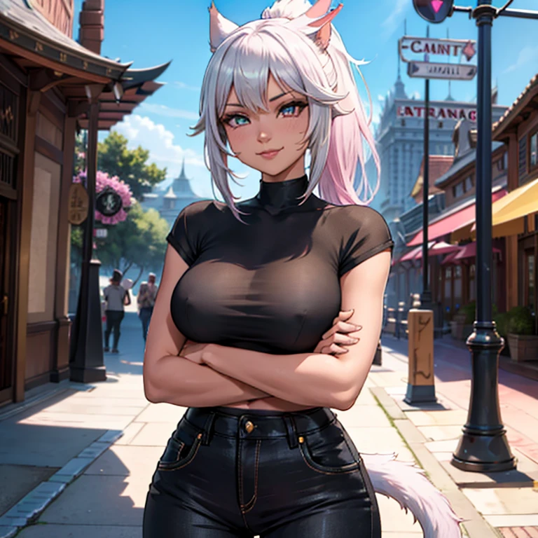 1girl, Miqo'te Final Fantasy 14, wears Black jeans, a black top, Crossing arms, Black hair with Pink highlights, Cyan eyes, Ponytail, Black skin tone, in a casino, cat tail; Portrait, smiling face, tribal mark, outdoor scene,